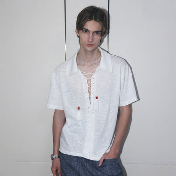 ASSEEN Tassel Lace-Up Short-Sleeve Polo Tee-T Shirt-S-Free Shipping Leatheretro