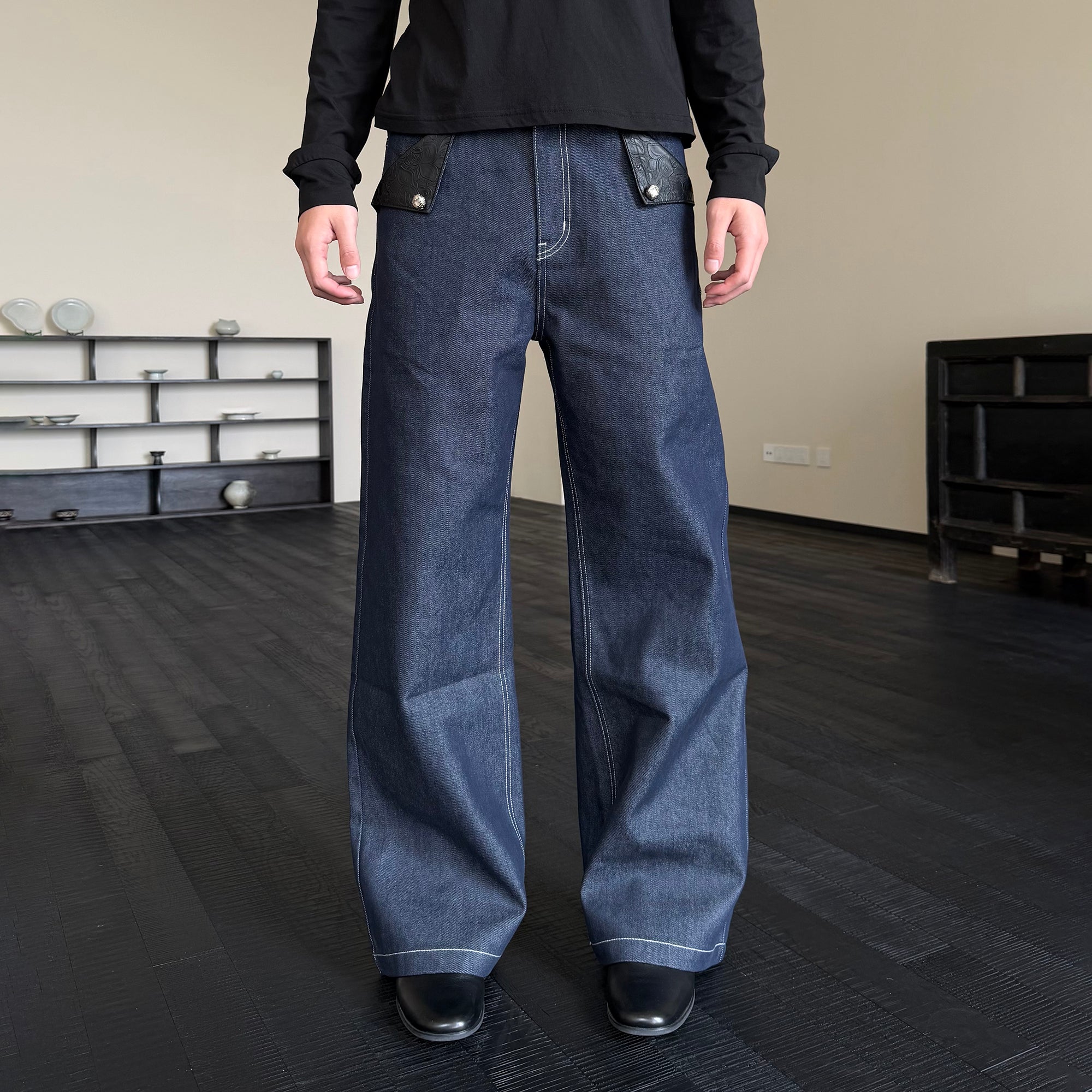 KREATE Raw PU-Paneled Flare Denim-Jeans-S (Preorder)-Free Shipping Leatheretro