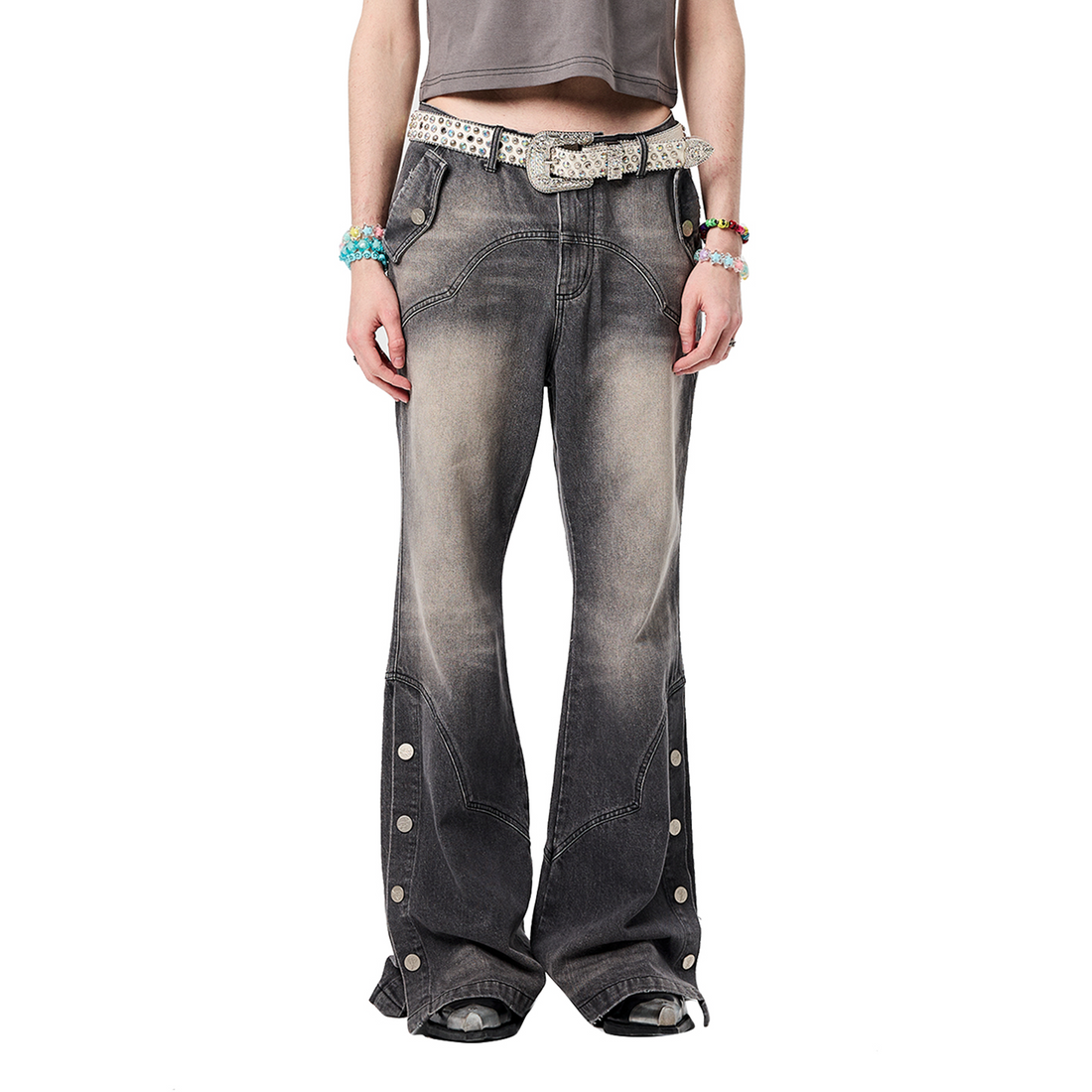 ERISSTOFF Washed Detachable Flared Jeans Gray-Jeans-XS / 28"-Free Shipping Leatheretro