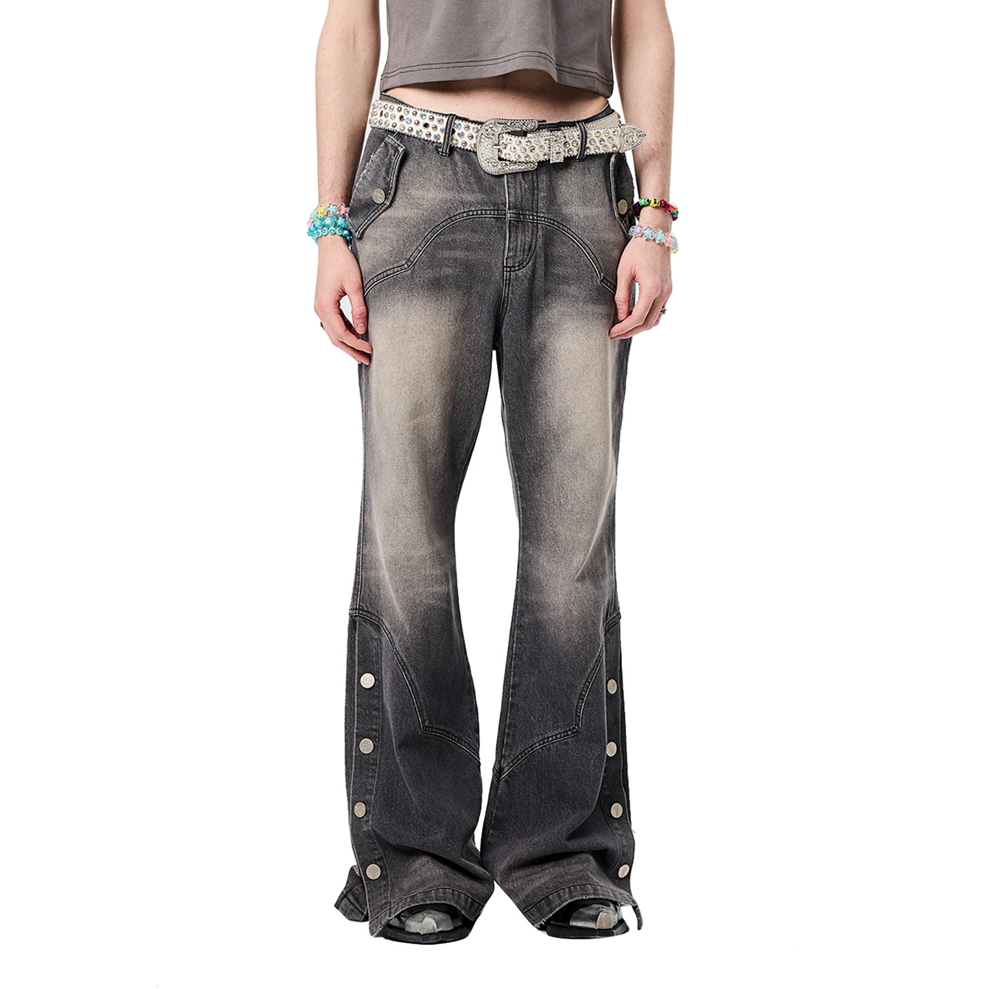ERISSTOFF Washed Detachable Flared Jeans Gray-Jeans-XS / 28"-Free Shipping Leatheretro