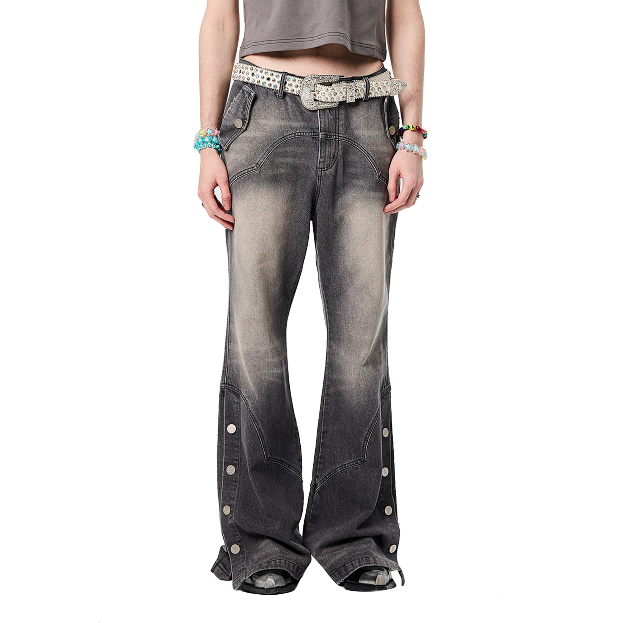 ERISSTOFF Washed Detachable Flared Jeans Gray-Jeans-XS / 28"-Free Shipping Leatheretro