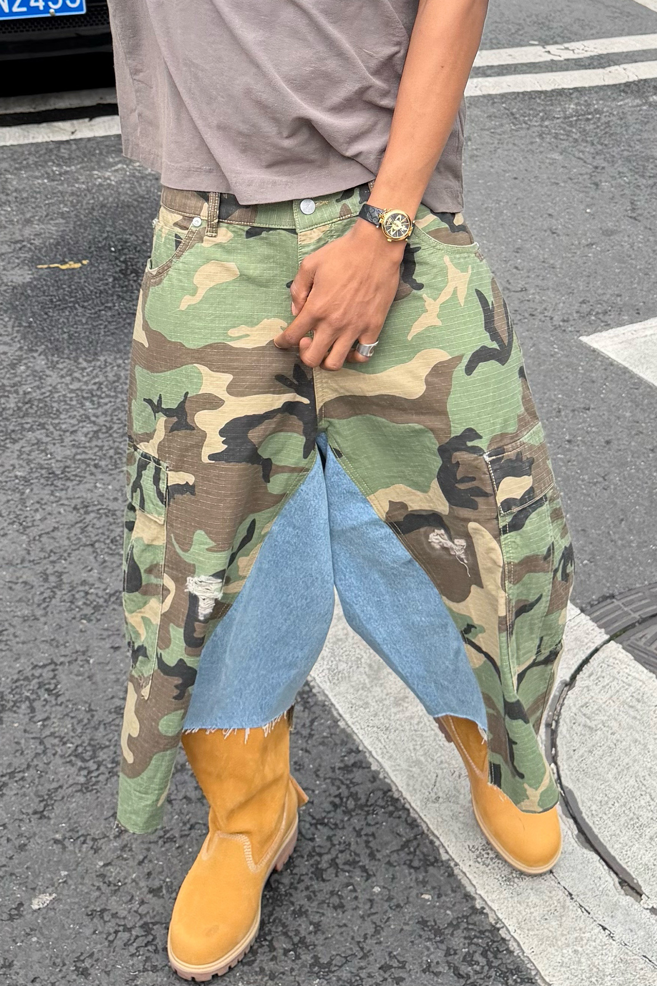 STEEPC Camo Distressed Denim Paneled Cargo Shorts-Shorts-S / 28"-Free Shipping Leatheretro
