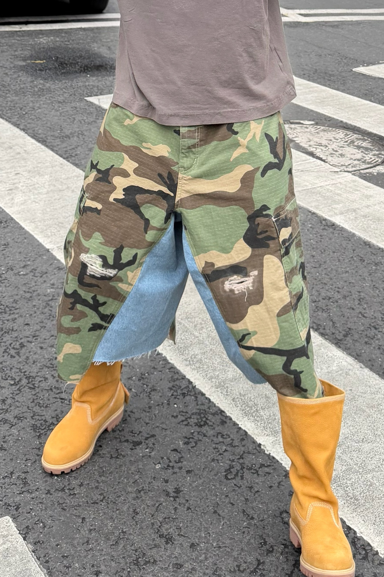 STEEPC Camo Distressed Denim Paneled Cargo Shorts-Shorts-S / 28"-Free Shipping Leatheretro