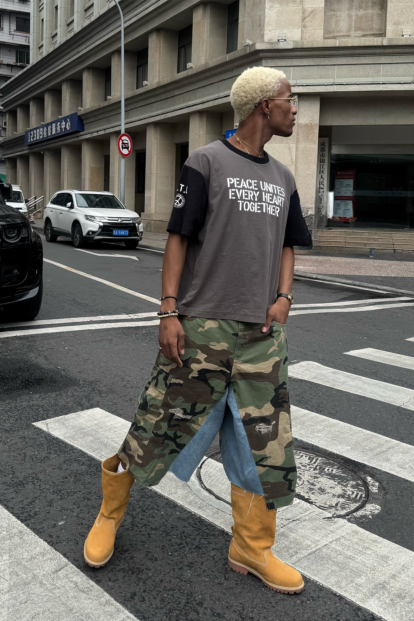 STEEPC Camo Distressed Denim Paneled Cargo Shorts-Shorts-S / 28"-Free Shipping Leatheretro