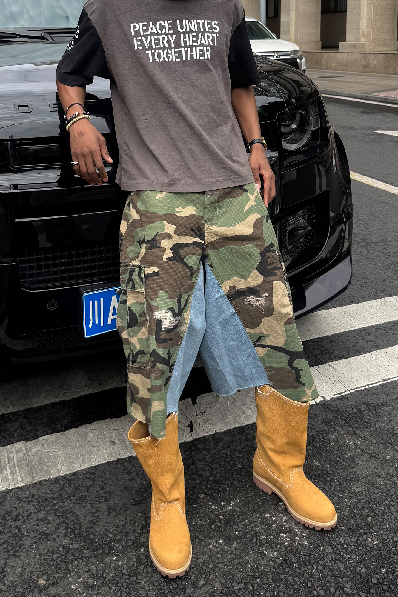 STEEPC Camo Distressed Denim Paneled Cargo Shorts-Shorts-S / 28"-Free Shipping Leatheretro