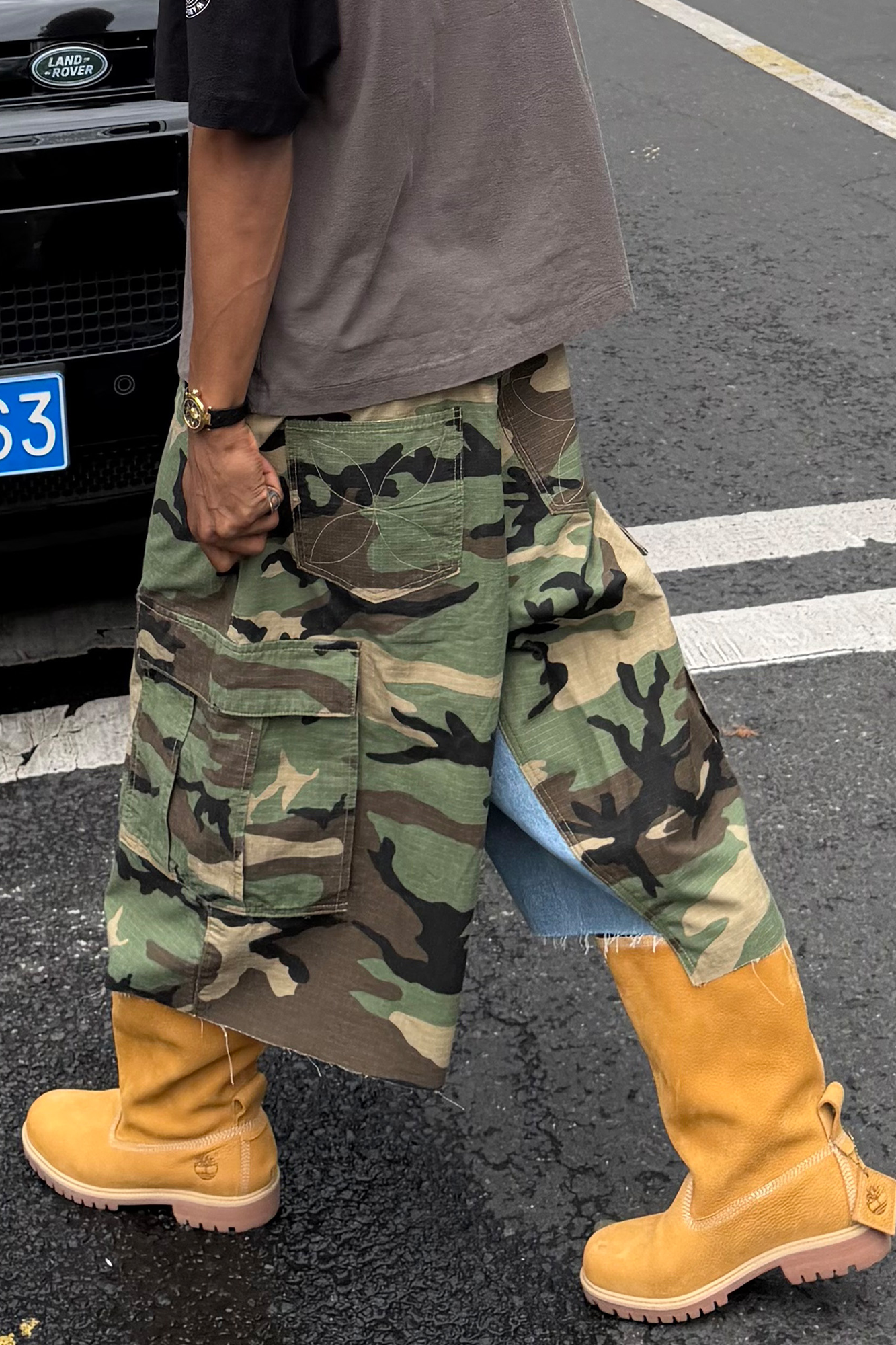 STEEPC Camo Distressed Denim Paneled Cargo Shorts-Shorts-S / 28"-Free Shipping Leatheretro