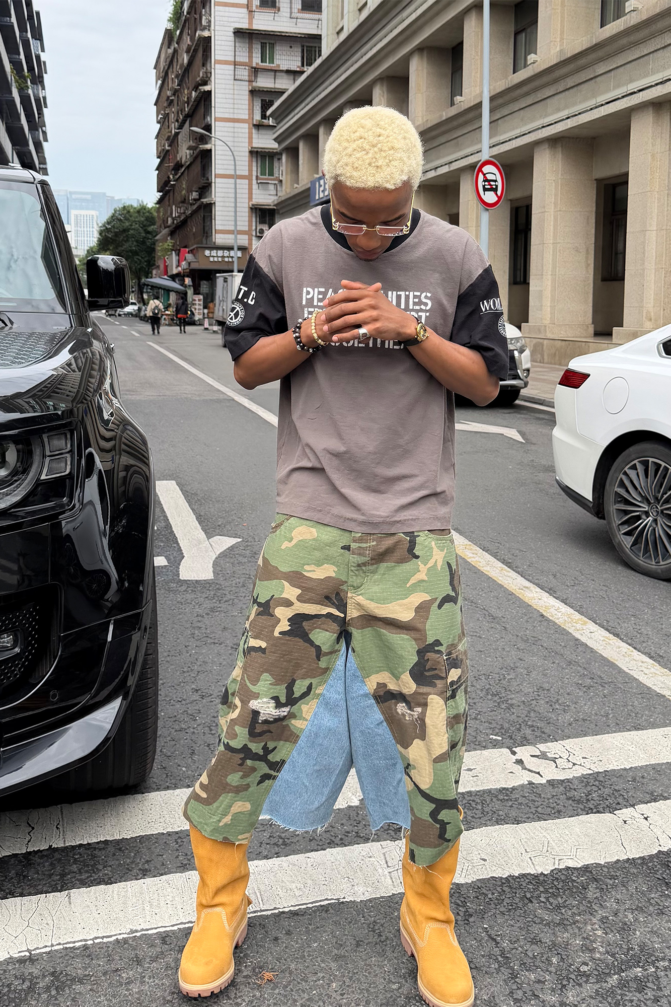STEEPC Camo Distressed Denim Paneled Cargo Shorts-Shorts-S / 28"-Free Shipping Leatheretro