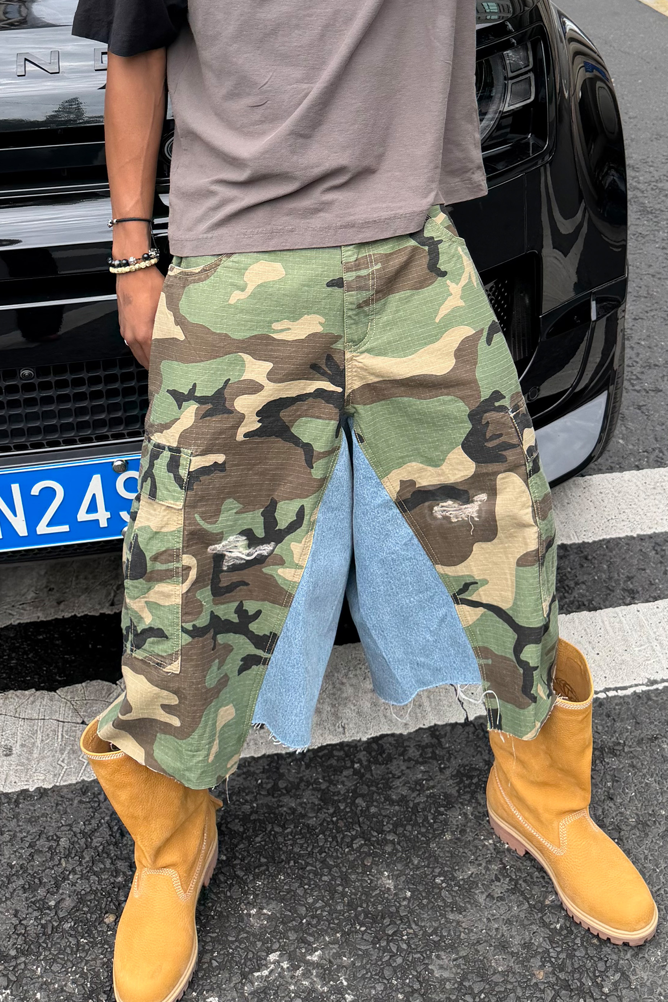 STEEPC Camo Distressed Denim Paneled Cargo Shorts-Shorts-S / 28"-Free Shipping Leatheretro