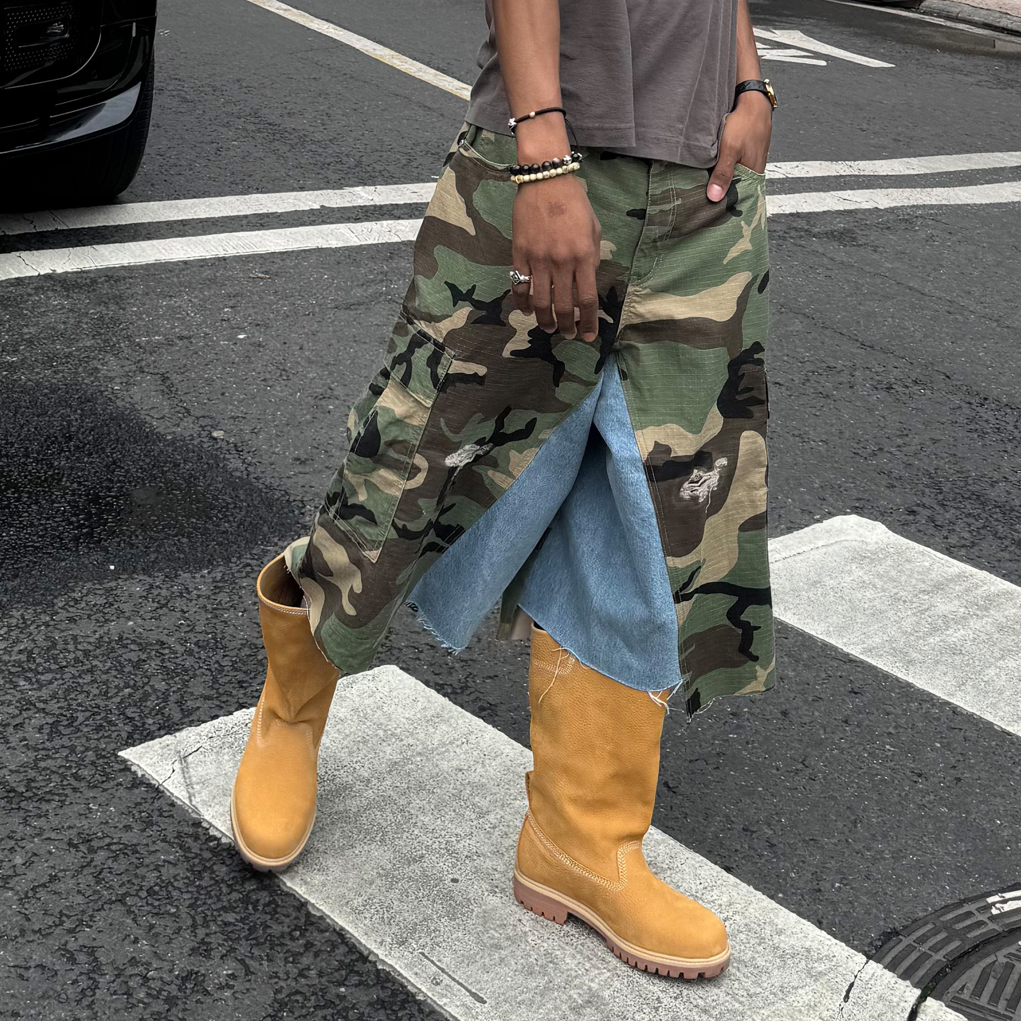STEEPC Camo Distressed Denim Paneled Cargo Shorts-Shorts-S / 28"-Free Shipping Leatheretro