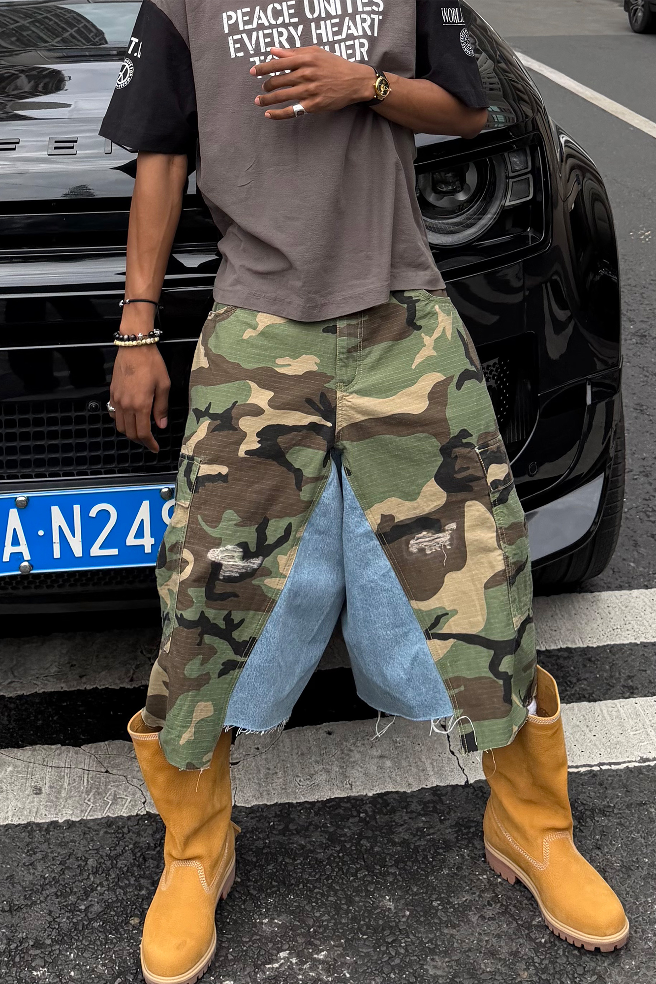 STEEPC Camo Distressed Denim Paneled Cargo Shorts-Shorts-S / 28"-Free Shipping Leatheretro