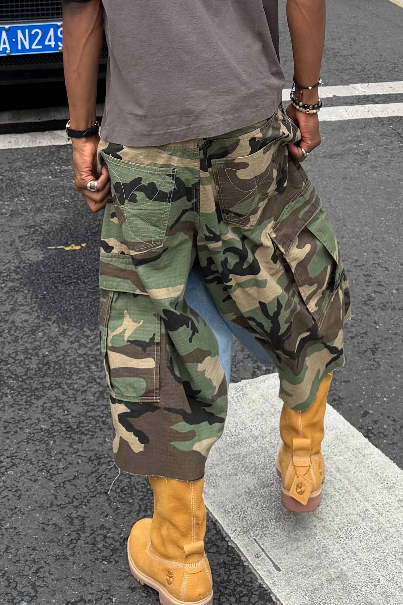 STEEPC Camo Distressed Denim Paneled Cargo Shorts-Shorts-S / 28"-Free Shipping Leatheretro