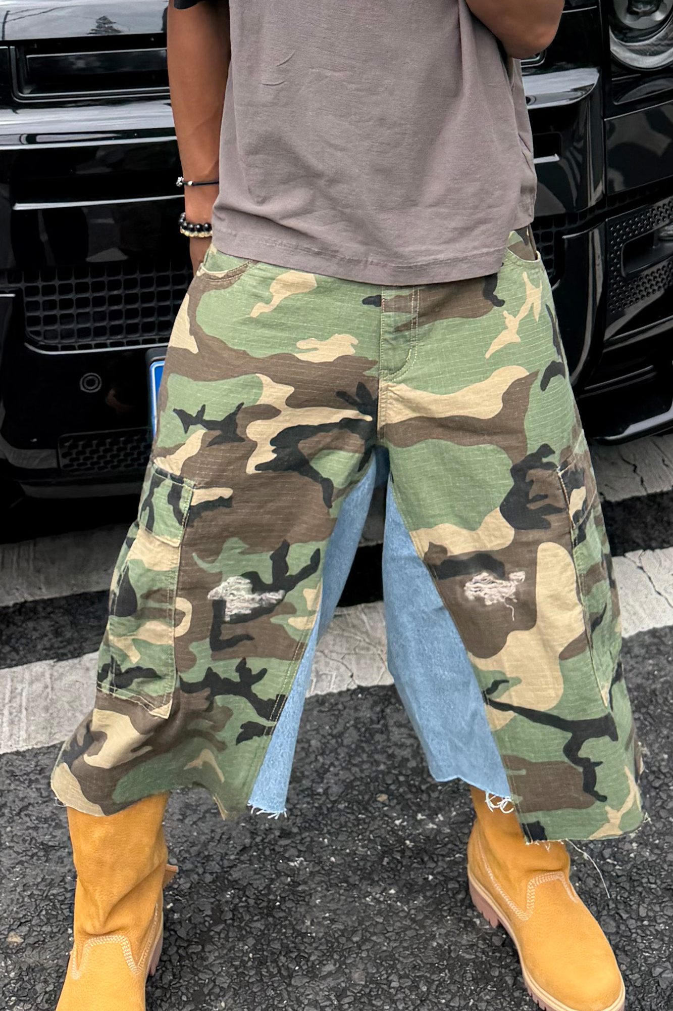 STEEPC Camo Distressed Denim Paneled Cargo Shorts-Shorts-S / 28"-Free Shipping Leatheretro
