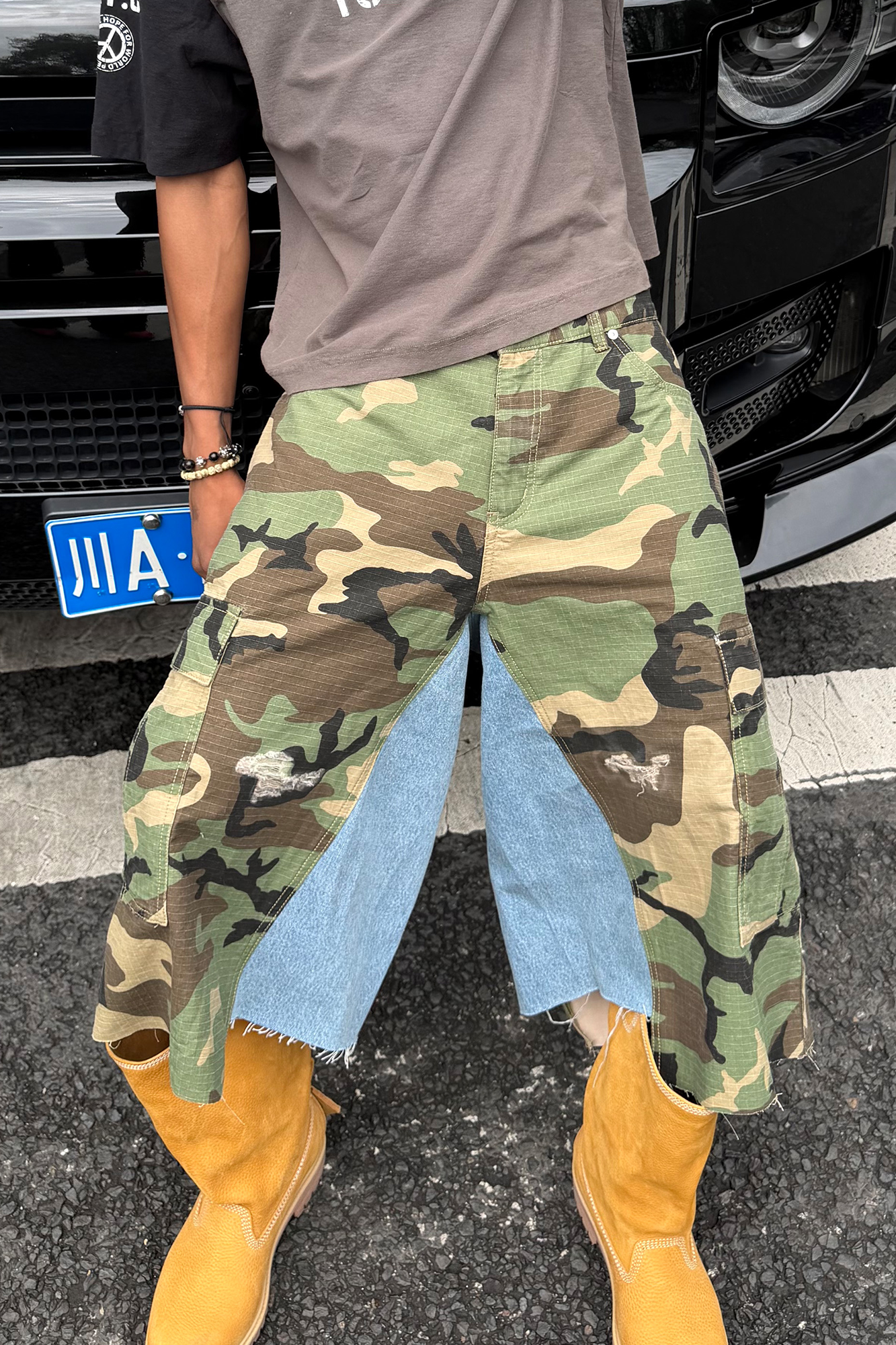 STEEPC Camo Distressed Denim Paneled Cargo Shorts-Shorts-S / 28"-Free Shipping Leatheretro