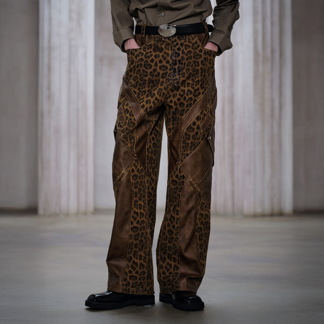 FACEONLAB Leopard Paneled Straight-Leg Pants-Pants-M (Preorder)-Free Shipping Leatheretro