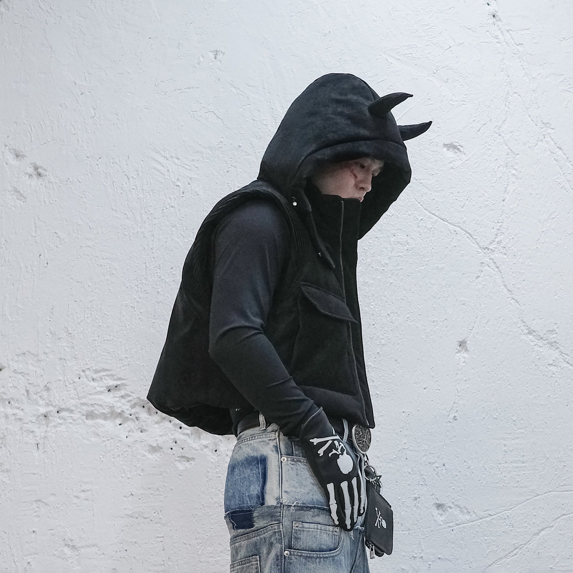 UNDERWATER Demon Horned Detachable Hood Down Vest-Vest-S (Preorder)-Free Shipping Leatheretro