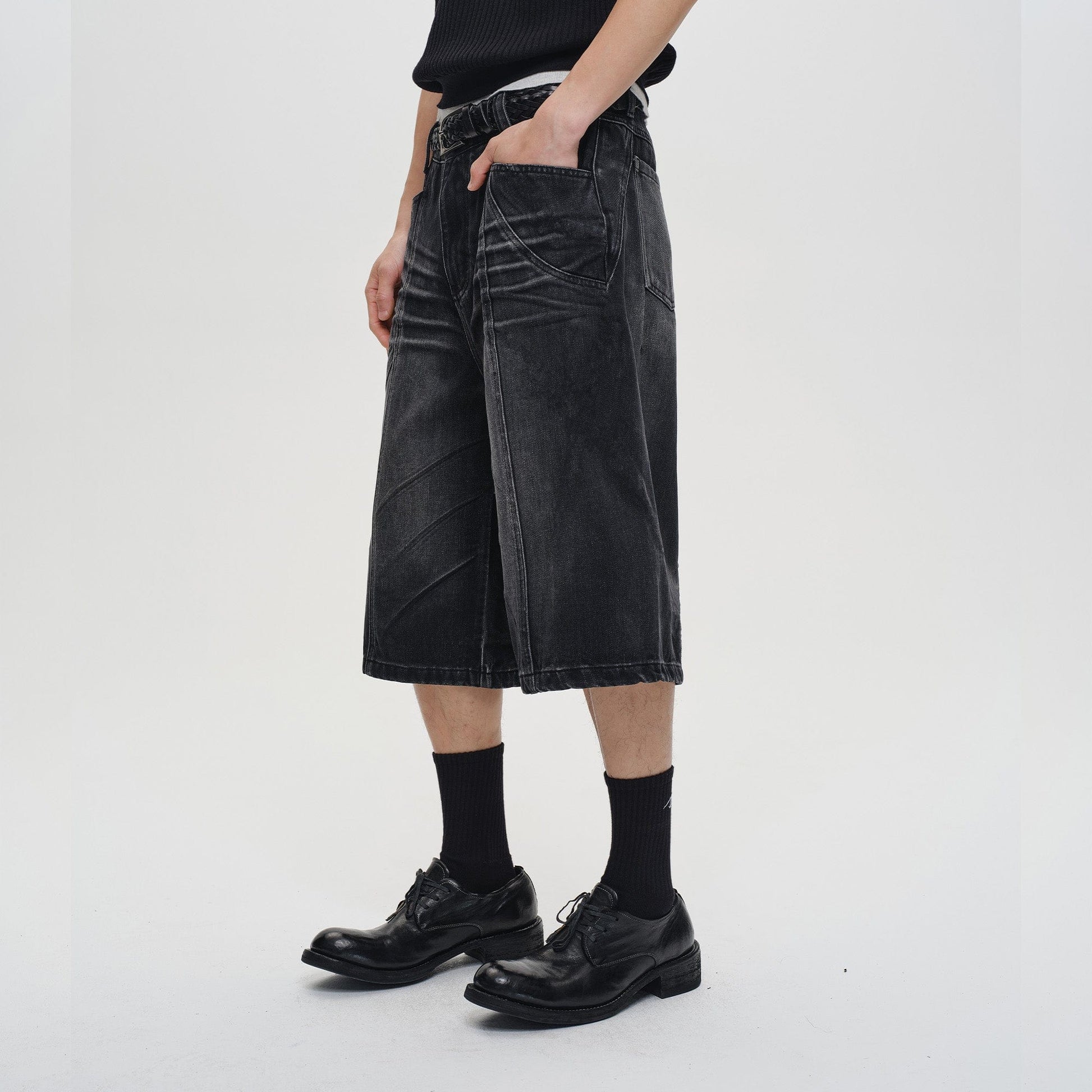 CATSSTAC Whisker-Wash Middle-Spliced Wide-Leg Shorts-Shorts-Blue-M-Free Shipping Leatheretro