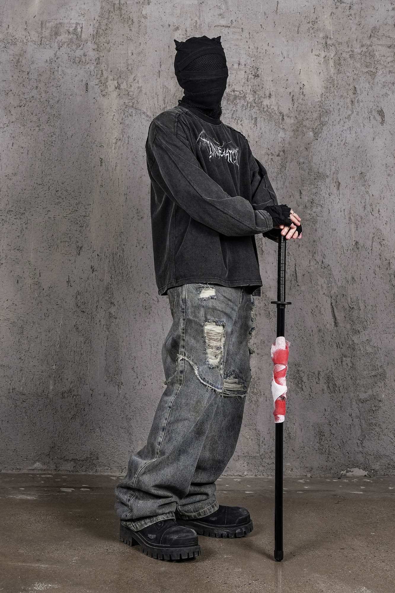 UNDERWATER Hellbound Wing Distressed Spliced Long-Sleeve Tee-L/S Tee-S-Free Shipping Leatheretro