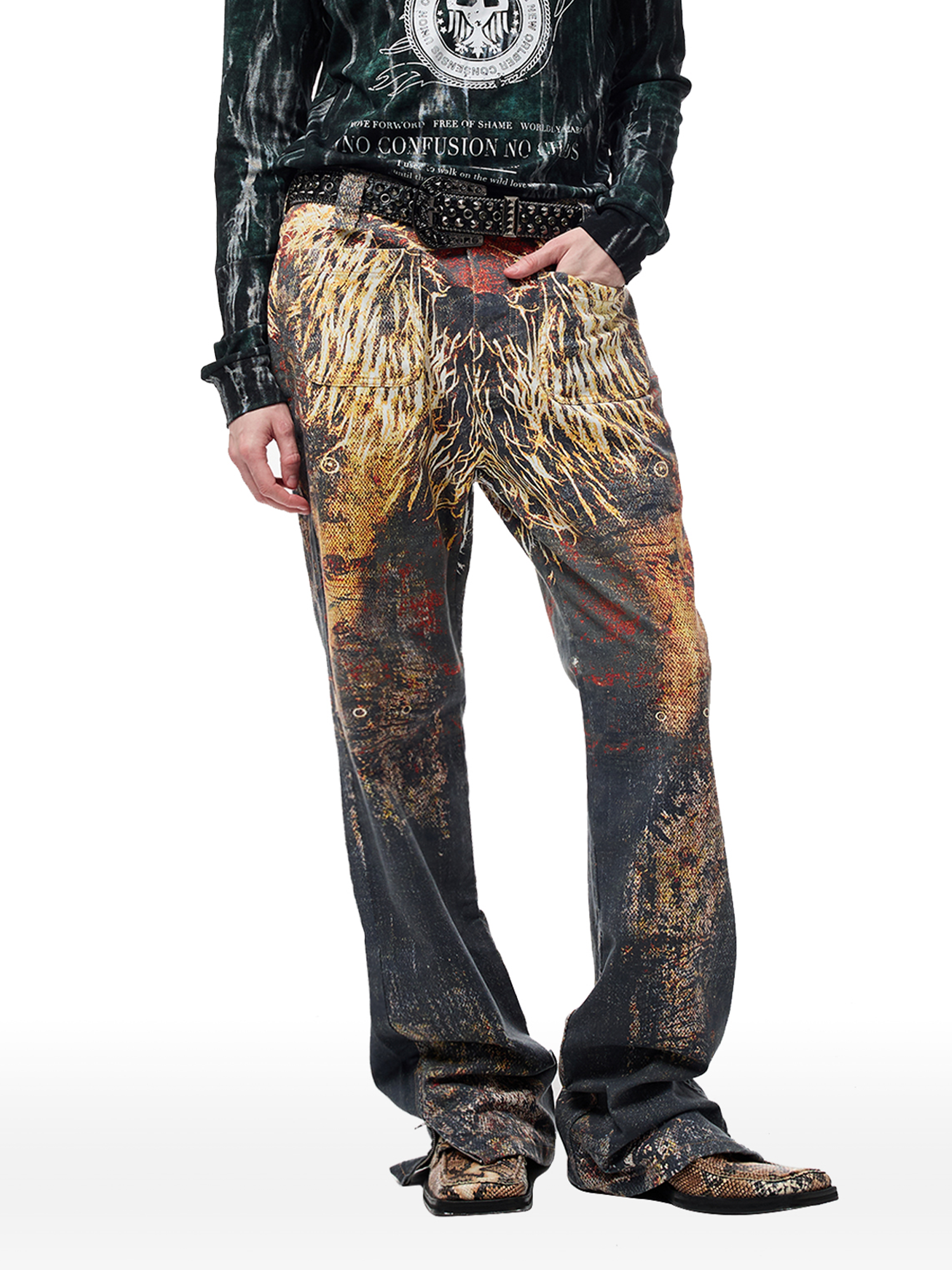 CYCYCY Feather Full-Print Slim Flared Jeans-Jeans-XXS / 27"-Free Shipping Leatheretro