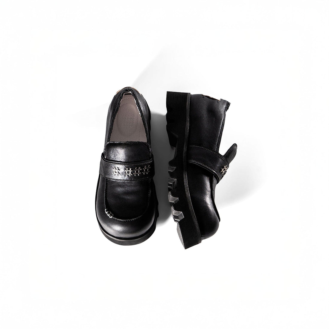 REWRITE Cowhide Chunky Sole Loafers Black-Shoes-39-Free Shipping Leatheretro
