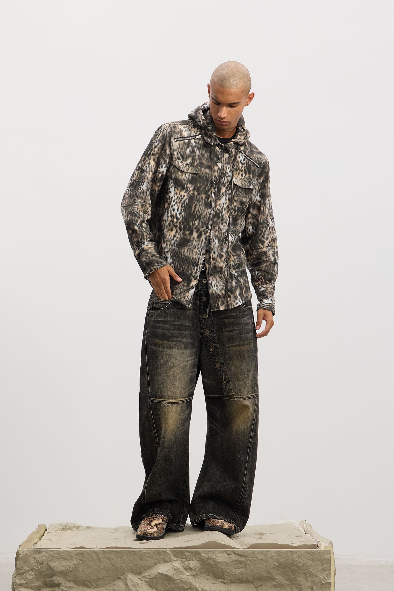 DND4DES Asymmetric Button-Fly Panel Washed Jeans-Jeans-XS-Blue-Free Shipping Leatheretro