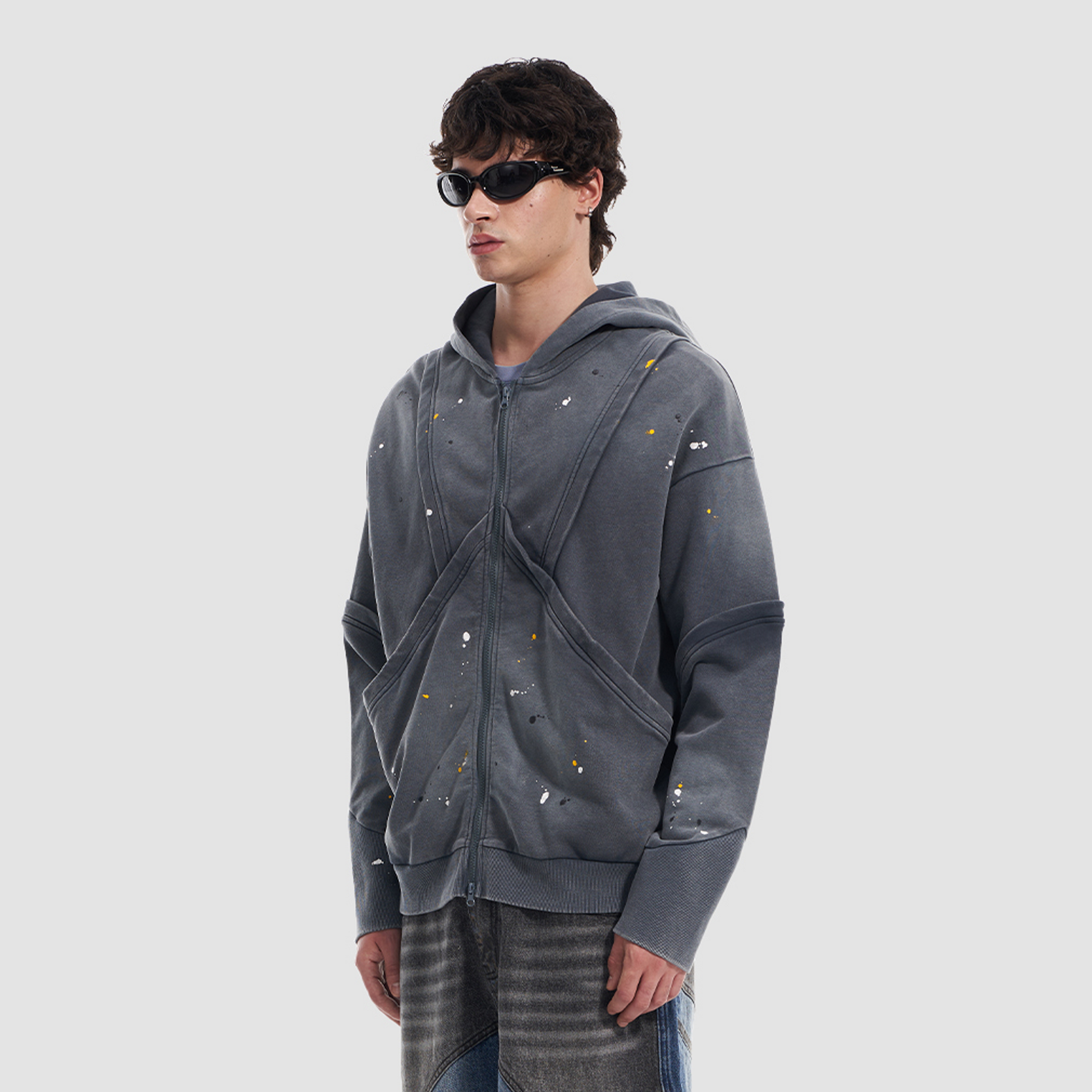 VANN VALRENCE Washed Paint-Splattered Paneled Zip Hoodie-Jacket-S-Blue-Free Shipping Leatheretro