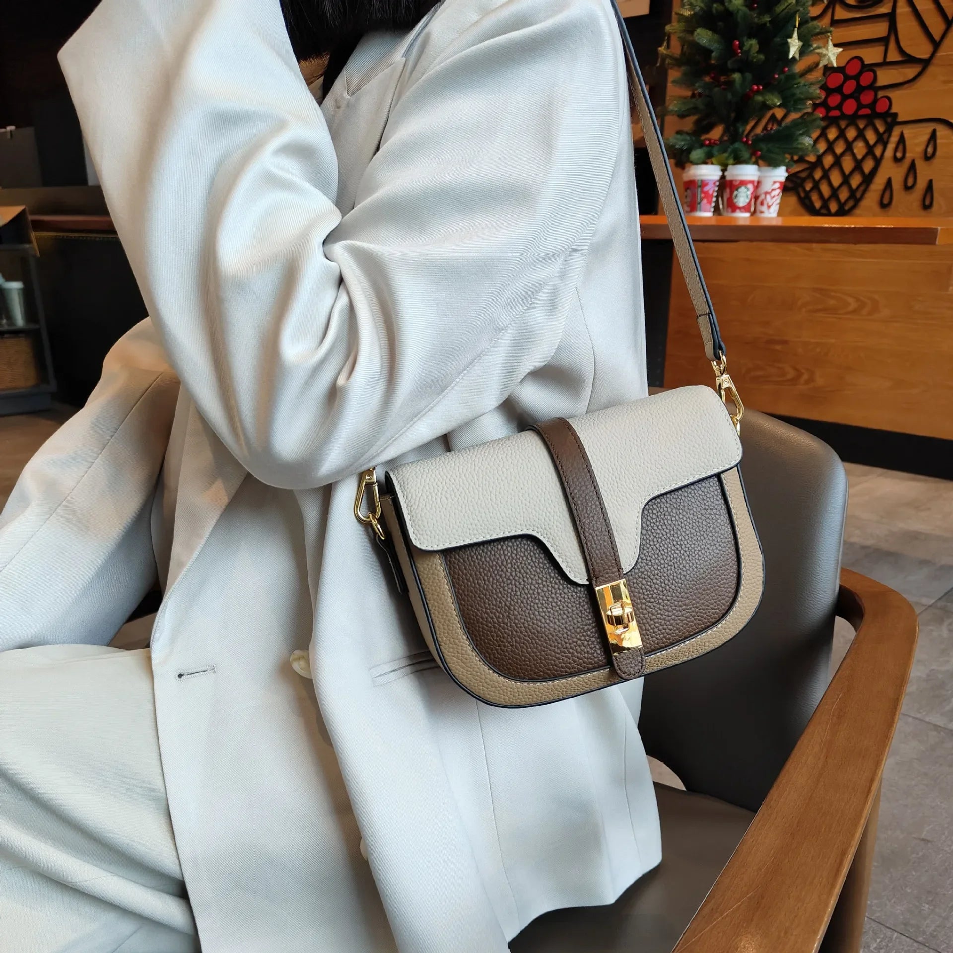 Women Luxury First Layer Saddle Bag - Compact Shoulder Crossbody Bags-Crossbody Bag-Coffee Beige-Free Shipping Leatheretro