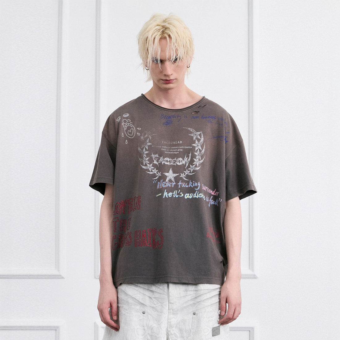 FACEONLAB Punk Graffiti Diamond Distressed T-Shirt-T Shirt-M-Gray-Free Shipping Leatheretro