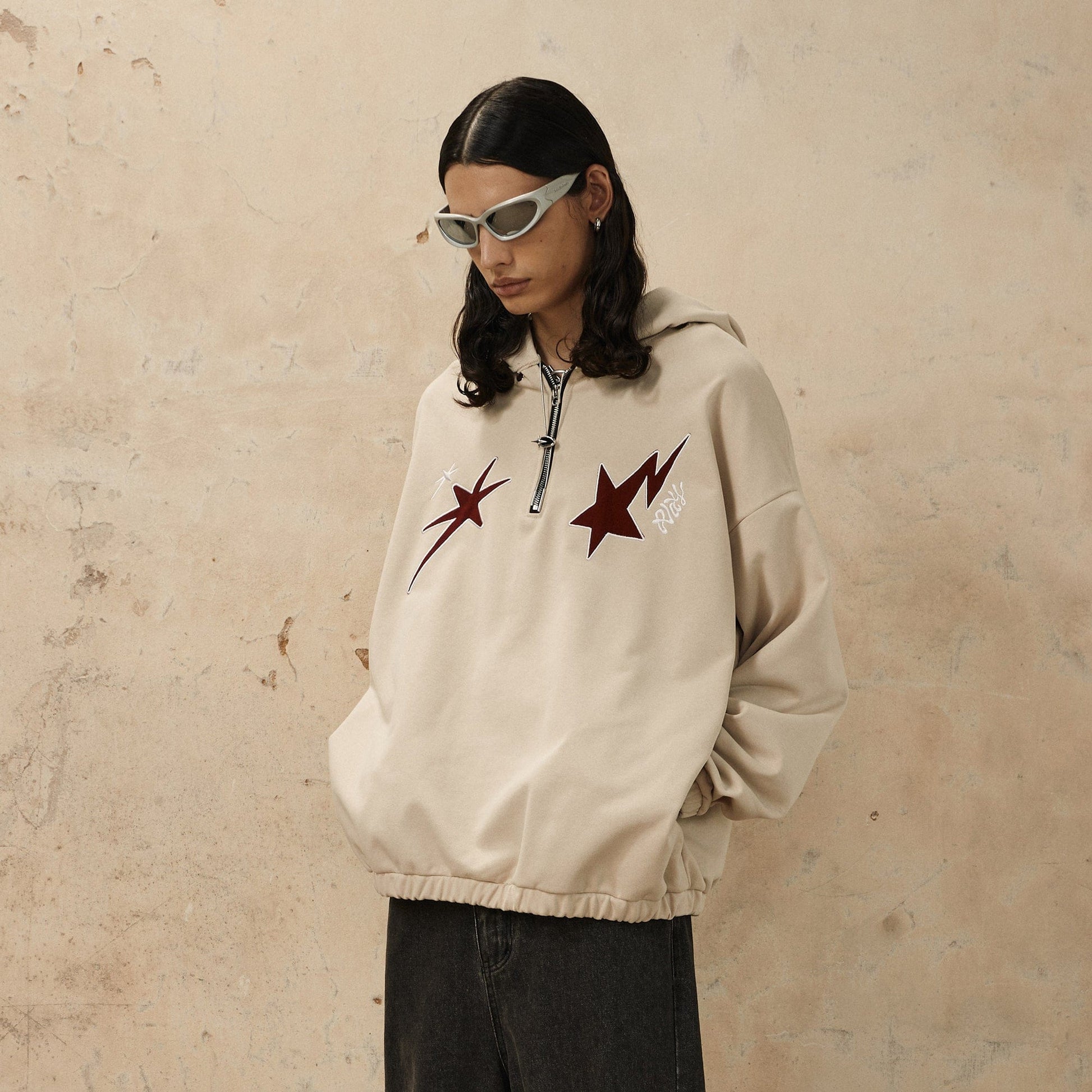 OVDY Star Embroidery Punk Zip-Up Hoodie-Hoodie-S-Black-Free Shipping Leatheretro