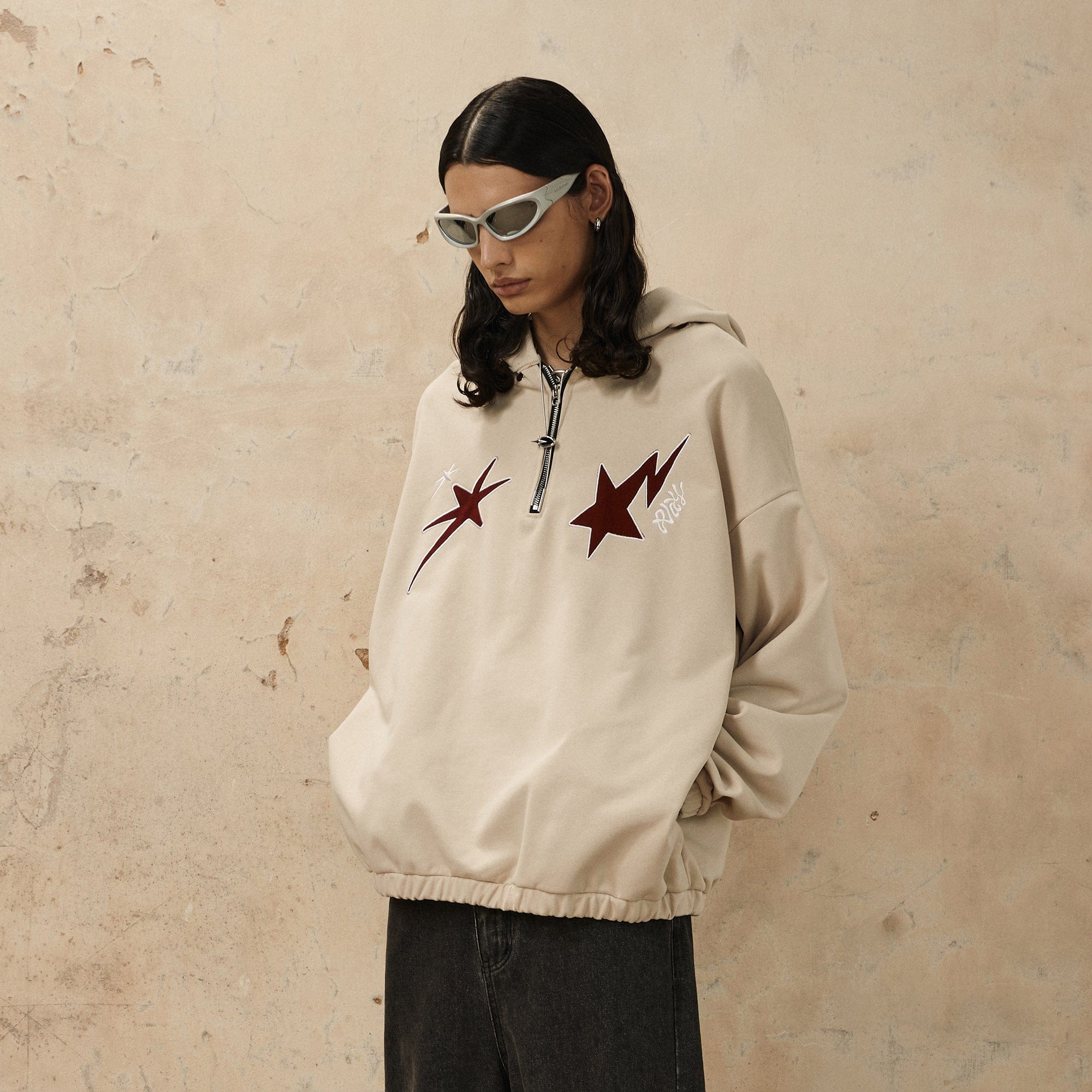 OVDY Star Embroidery Punk Zip-Up Hoodie-Hoodie-S-Black-Free Shipping Leatheretro