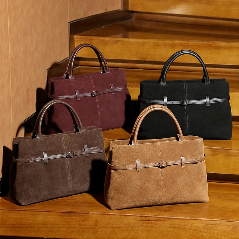 Suede Cowhide Genuine Leather Tote Handbags - Women Luxury Crossbody Bag-Handbags-Black-Free Shipping Leatheretro