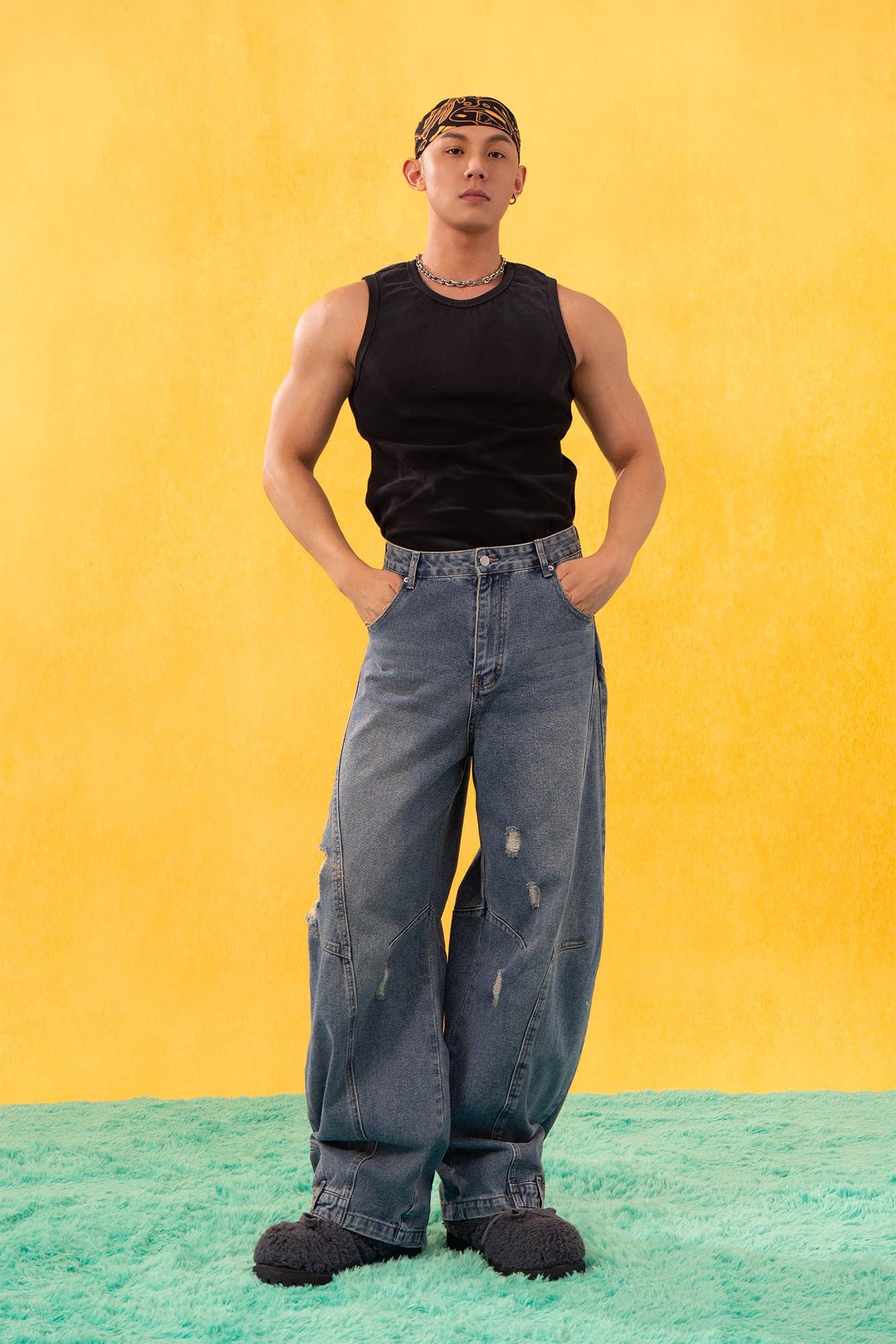 CLP Inverted-Waist Hem Paneled Distressed Jeans-Jeans-M-Free Shipping Leatheretro