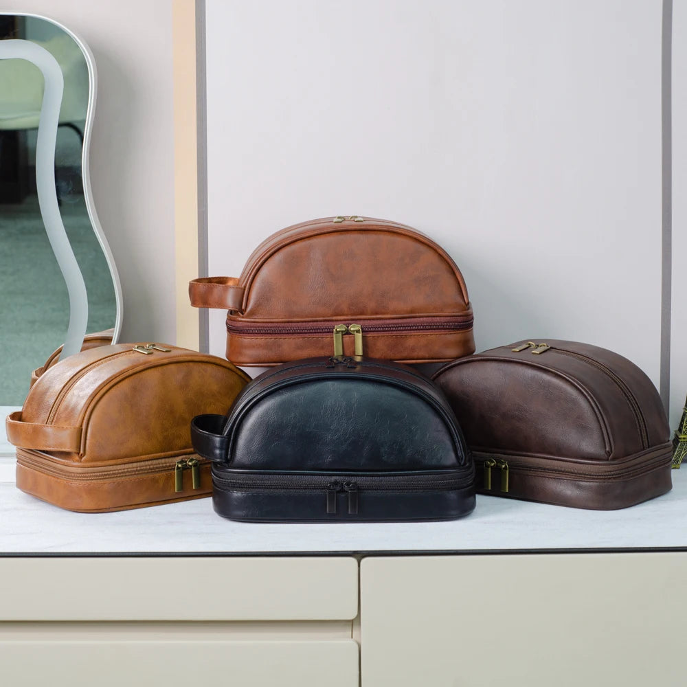 Men's Leather Waterproof Toiletry Bag - Large Capacity Storage Cosmetic Case-Travel Pouch-Red Brown-Free Shipping Leatheretro