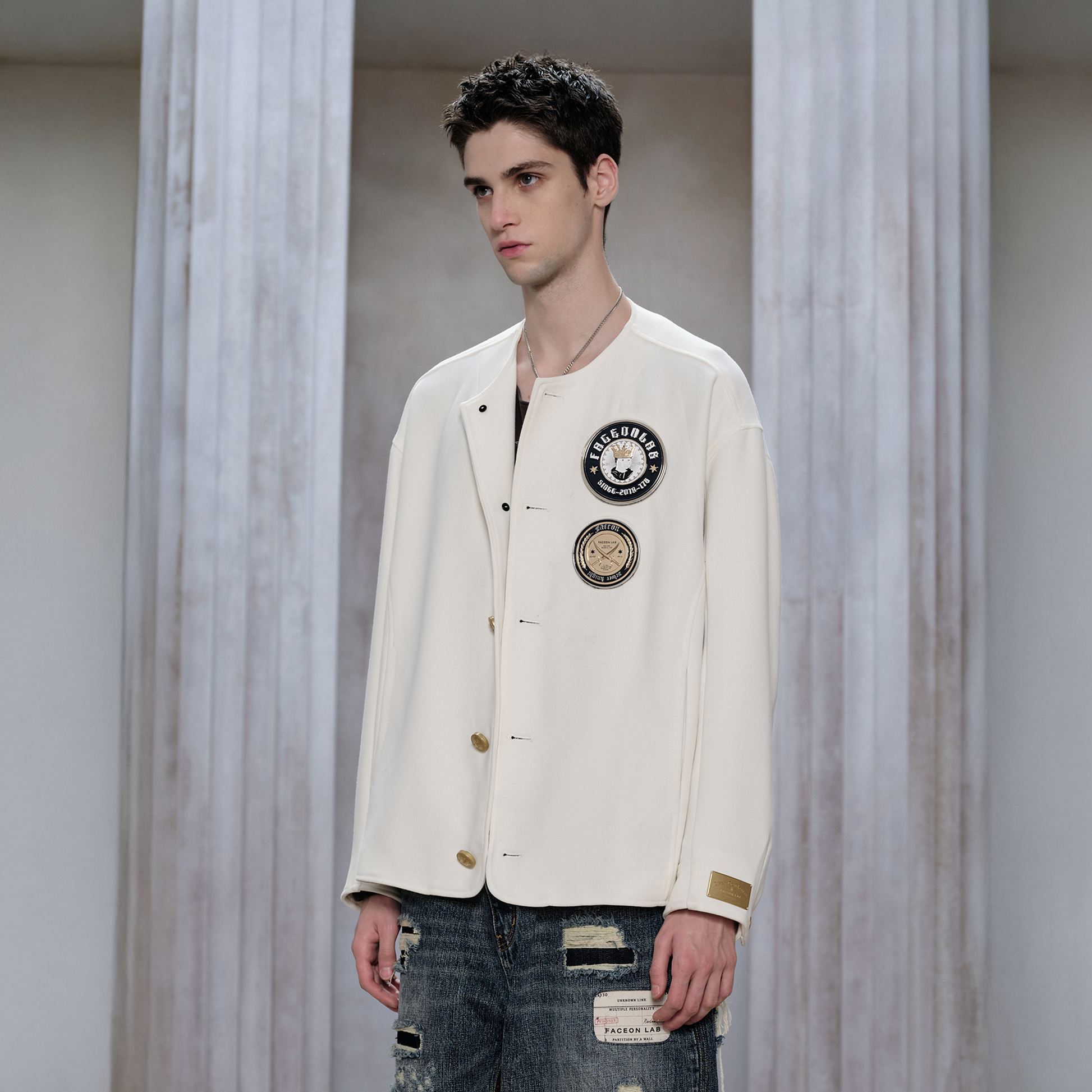 FACEONLAB Badge-Patch Crew-Neck Oversized Jacket-Jacket-M-Black-Free Shipping Leatheretro