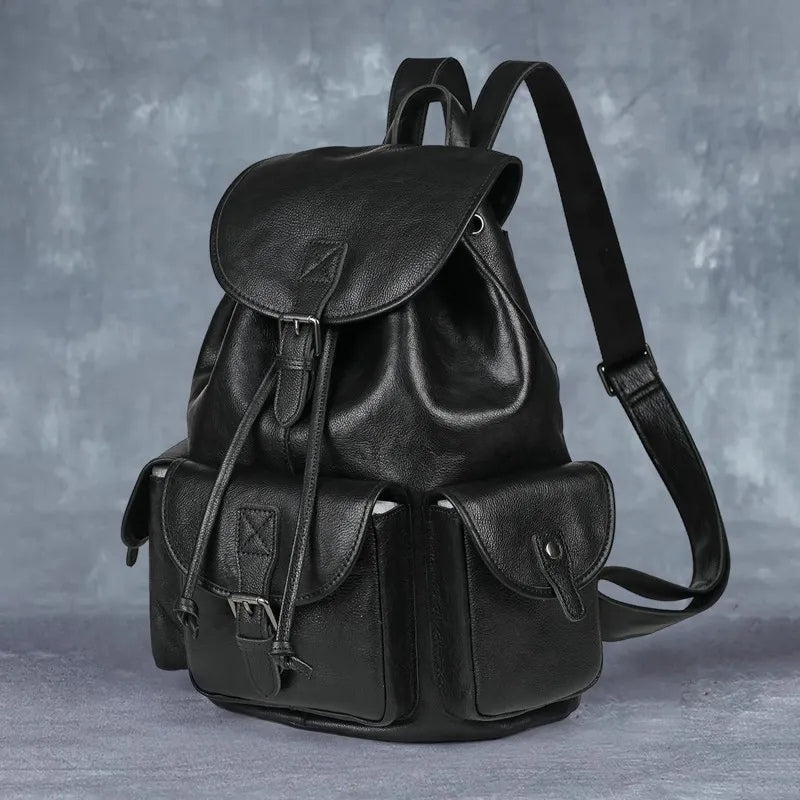 Geometric Pattern Genuine Leather Retro Backpack - Casual Soft Leather Hiking Bag-Backpacks-Black-Free Shipping Leatheretro