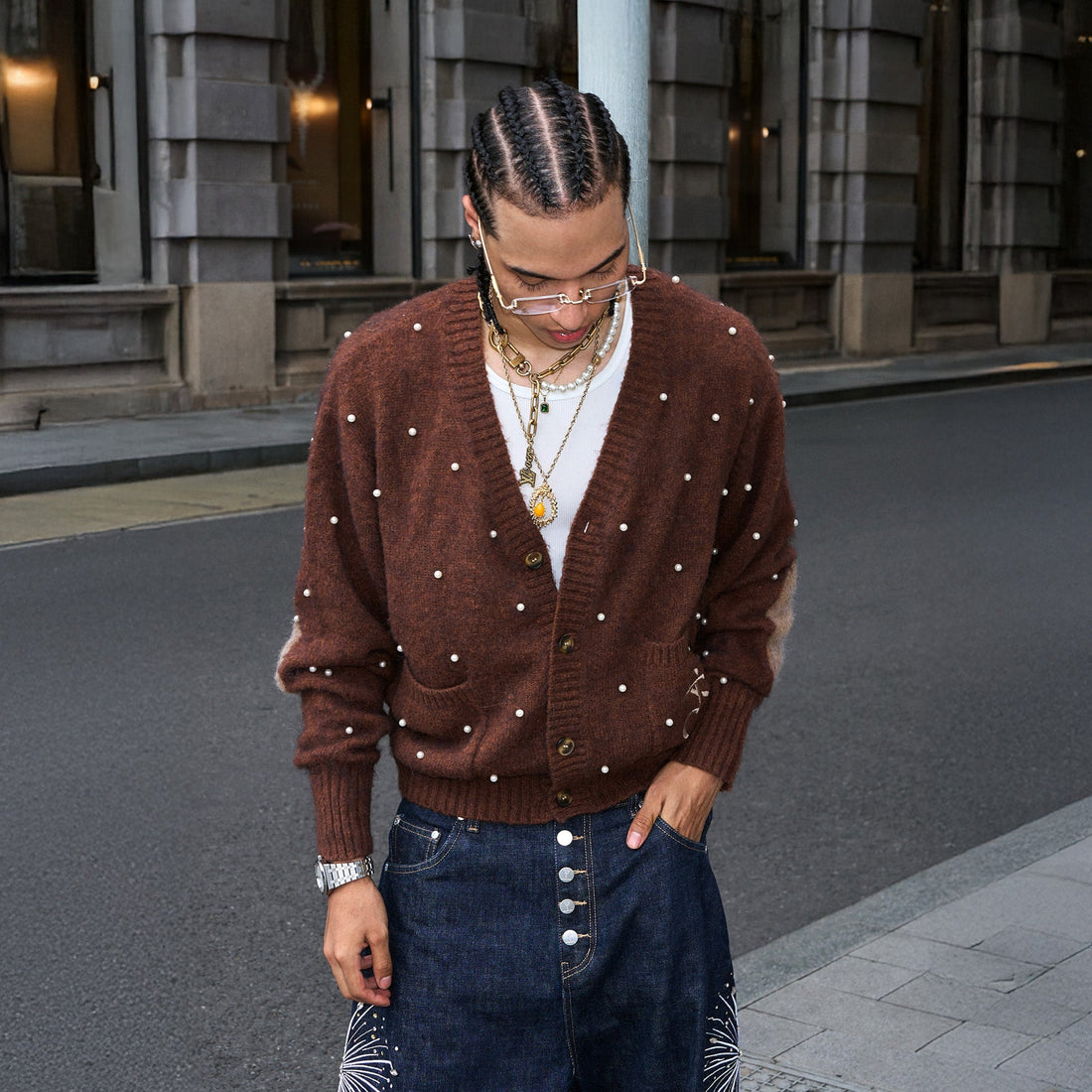 STEEPC Pearl-Studded Contrast Elbow Patch Cardigan-Sweater-S (1)-Yellow-Free Shipping Leatheretro