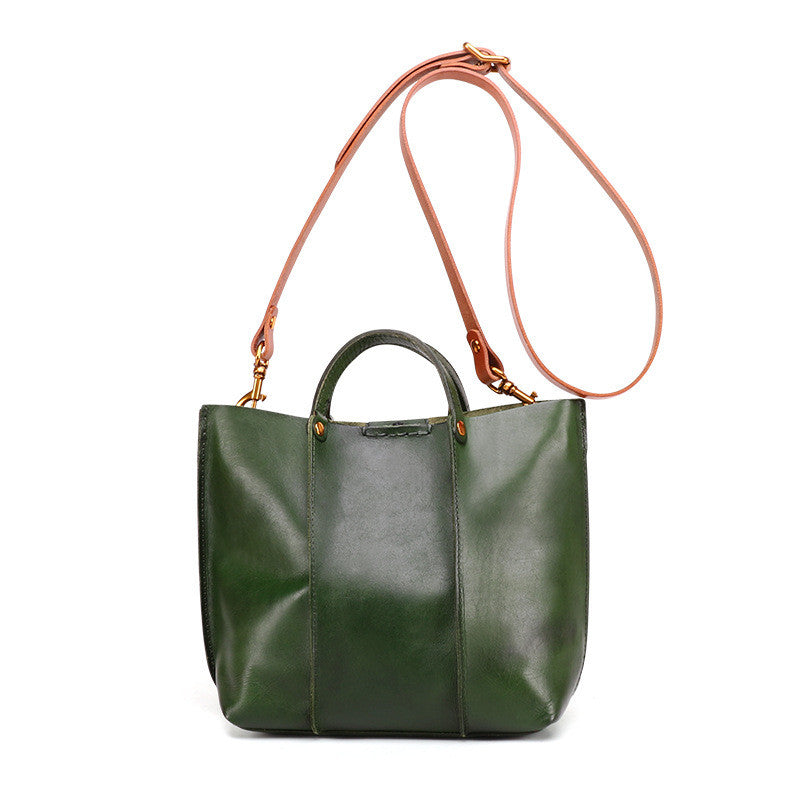 Premium Cowhide Leather Shoulder Tote Bag - Modern Bucket Style Shoulder Bags-Shoulder Bag-Green-Free Shipping Leatheretro