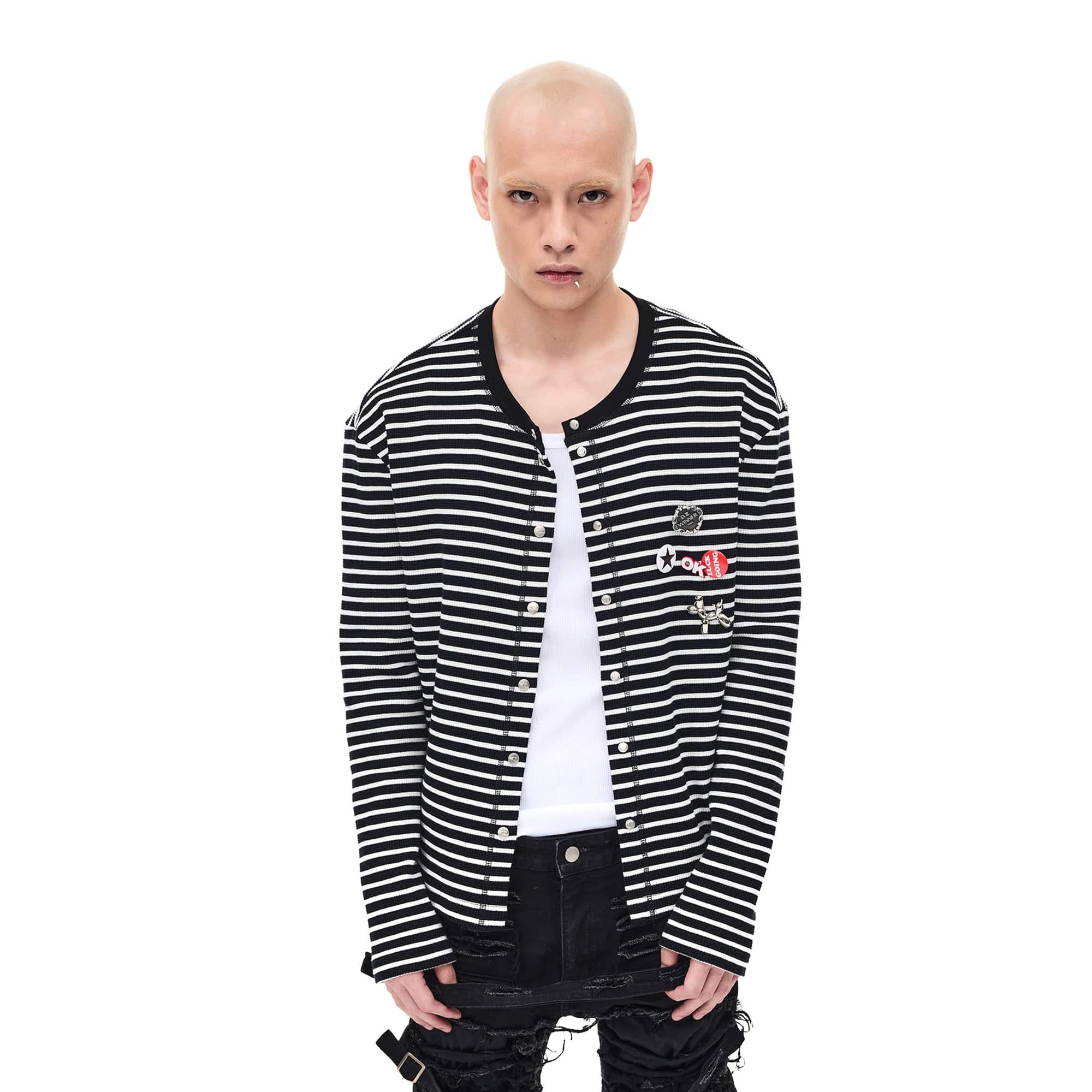 WHISTLEHUNTER Striped Badge Snap Slim Cardigan-Sweater-S-Black-Free Shipping Leatheretro