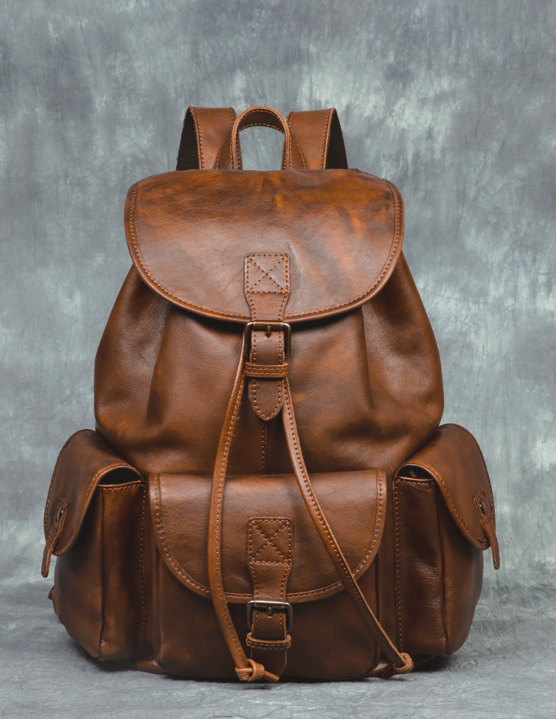 Geometric Pattern Genuine Leather Retro Backpack - Casual Soft Leather Hiking Bag-Backpacks-Black-Free Shipping Leatheretro