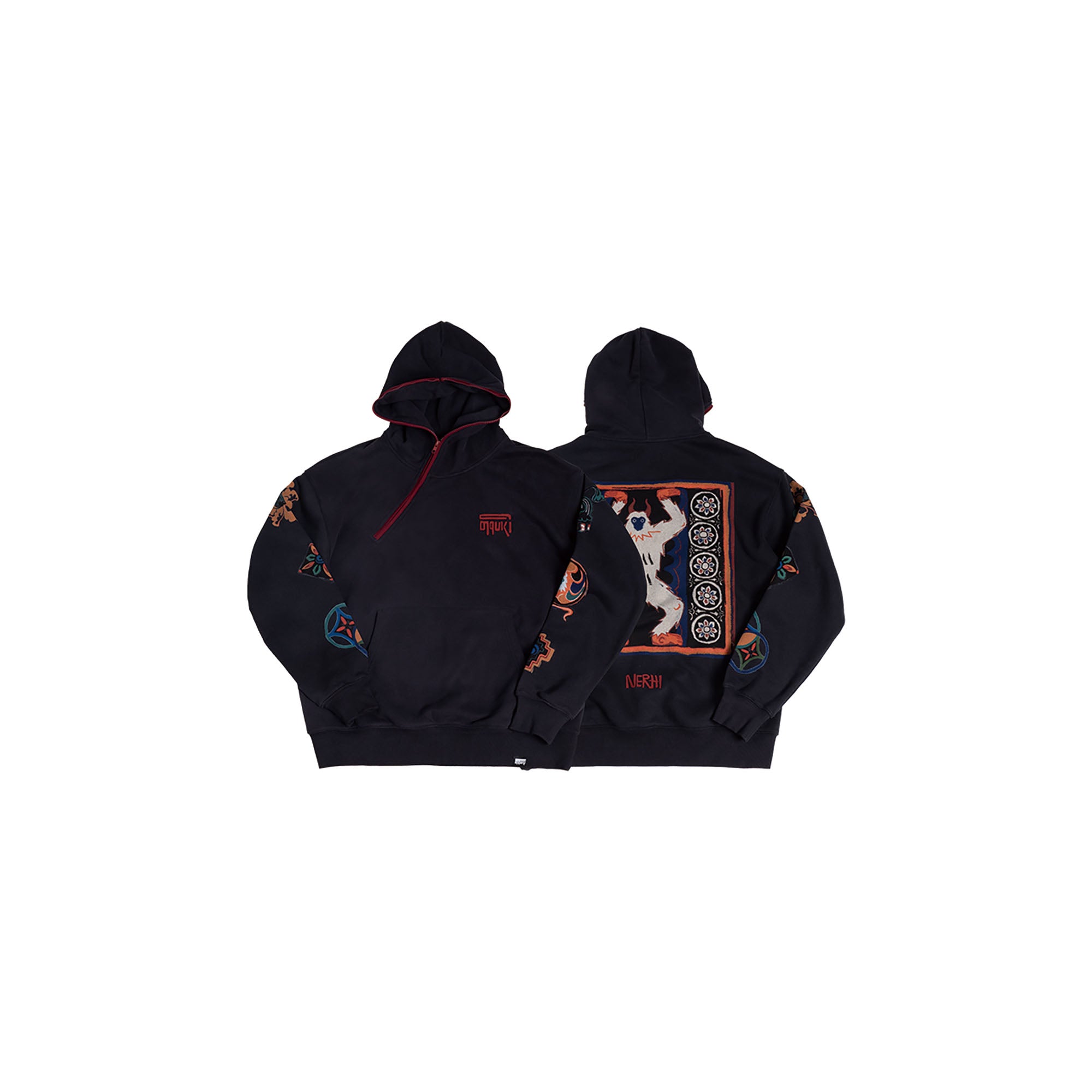 NERHI Asym Half-Zip Mural Graphic Hoodie-Shirt-S-Black (Preorder)-Free Shipping Leatheretro