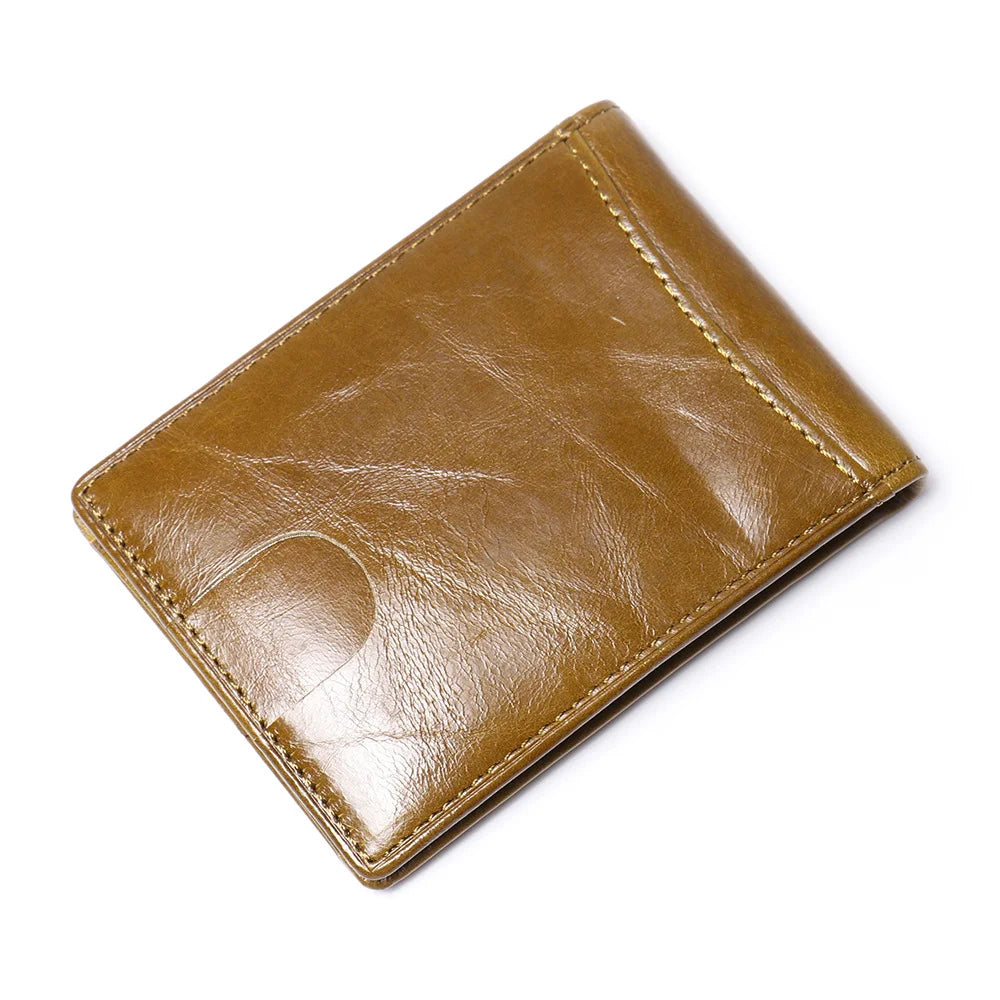 Men’s Slim Leather Card Holder Wallet – Genuine Cowhide with Dollar Clip-Wallets & Money Clips-Olive Green-Free Shipping Leatheretro