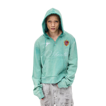 WHISTLEHUNTER Distressed Embroidered V-Neck Hoodie-Hoodie-S-Green-Free Shipping Leatheretro