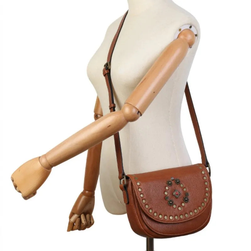 Genuine Leather Women's Saddle Bag - Retro Handmade Rivet Crossbody Bags-Handbags-Black-Free Shipping Leatheretro
