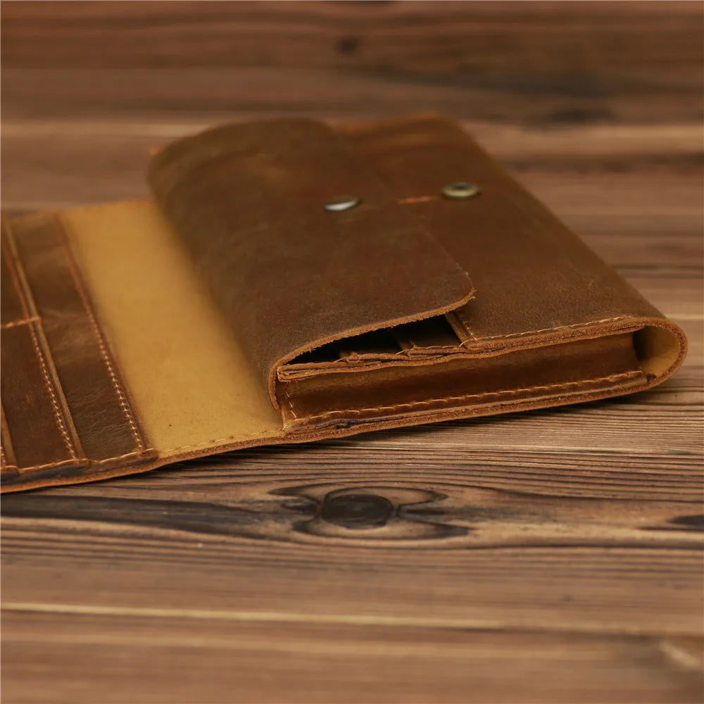 Men's Vintage Pull-Up Leather Long Wallet - Large Capacity Cowhide Clutch-Wallets & Money Clips-Reddish Brown-Free Shipping Leatheretro