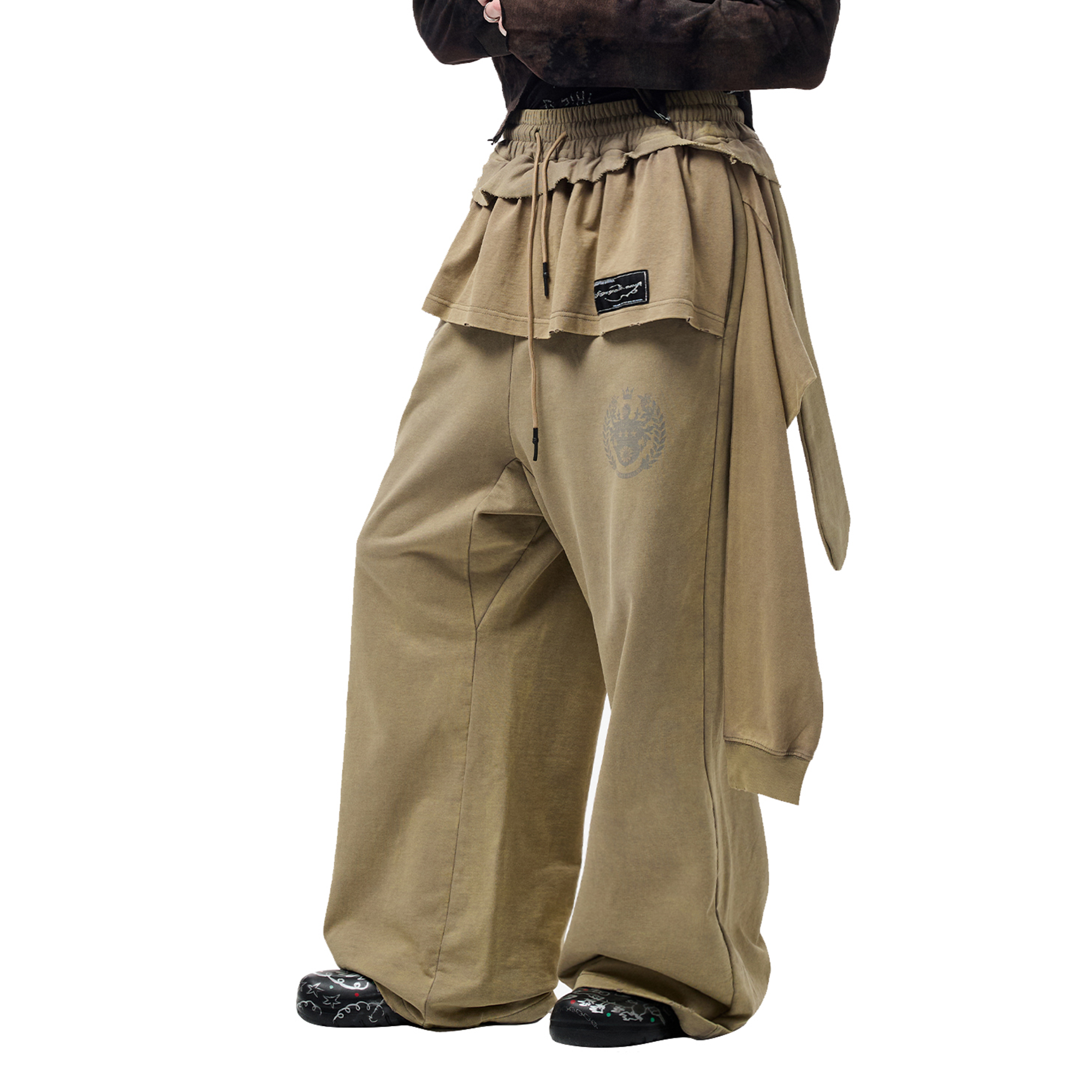 CYCYCY Layered Raw Edge Wide-Leg Sweatpants Khaki-Pants-S / 23"-Free Shipping Leatheretro
