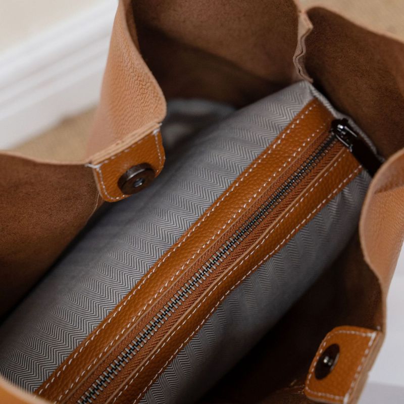 Real Leather Shopper Tote Bag-Tote Bag-Khaki-Free Shipping Leatheretro