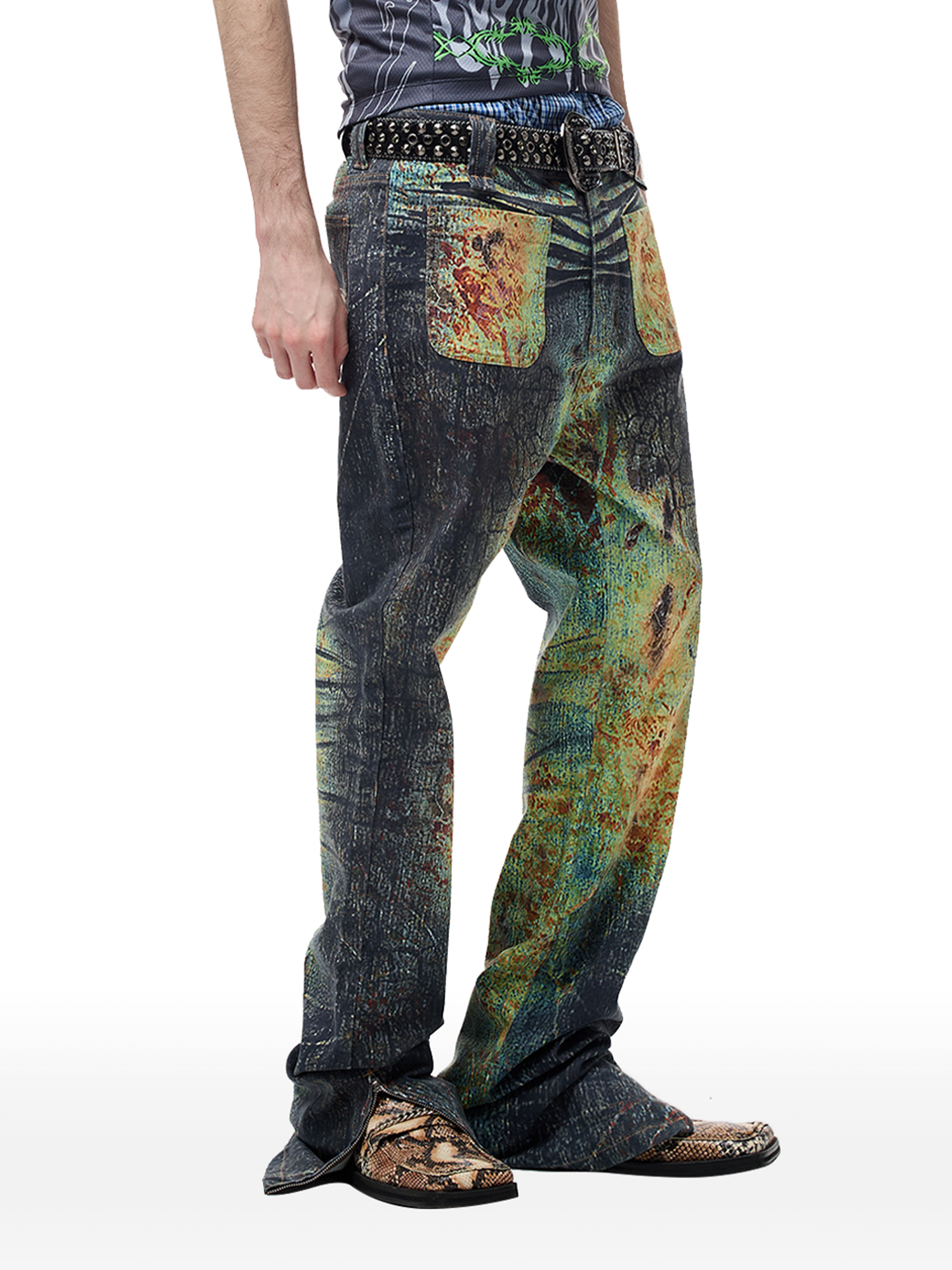 CYCYCY Iridescent Croc Full-Print Slim Flared Jeans-Jeans-XXS / 27"-Free Shipping Leatheretro
