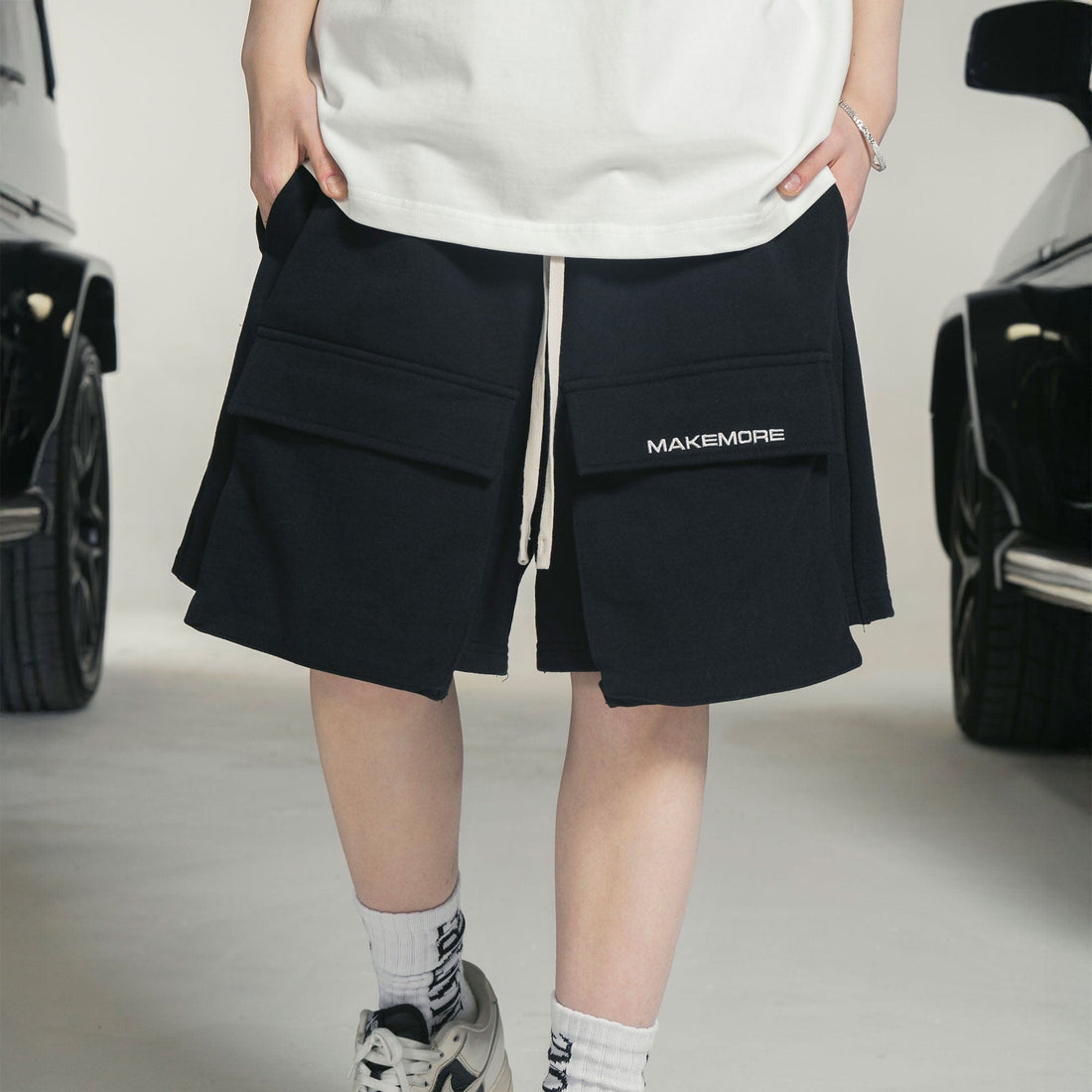 MAKEMORE Flap-Pocket Wide-Leg Drawstring Shorts-Shorts-S-Black-Free Shipping Leatheretro