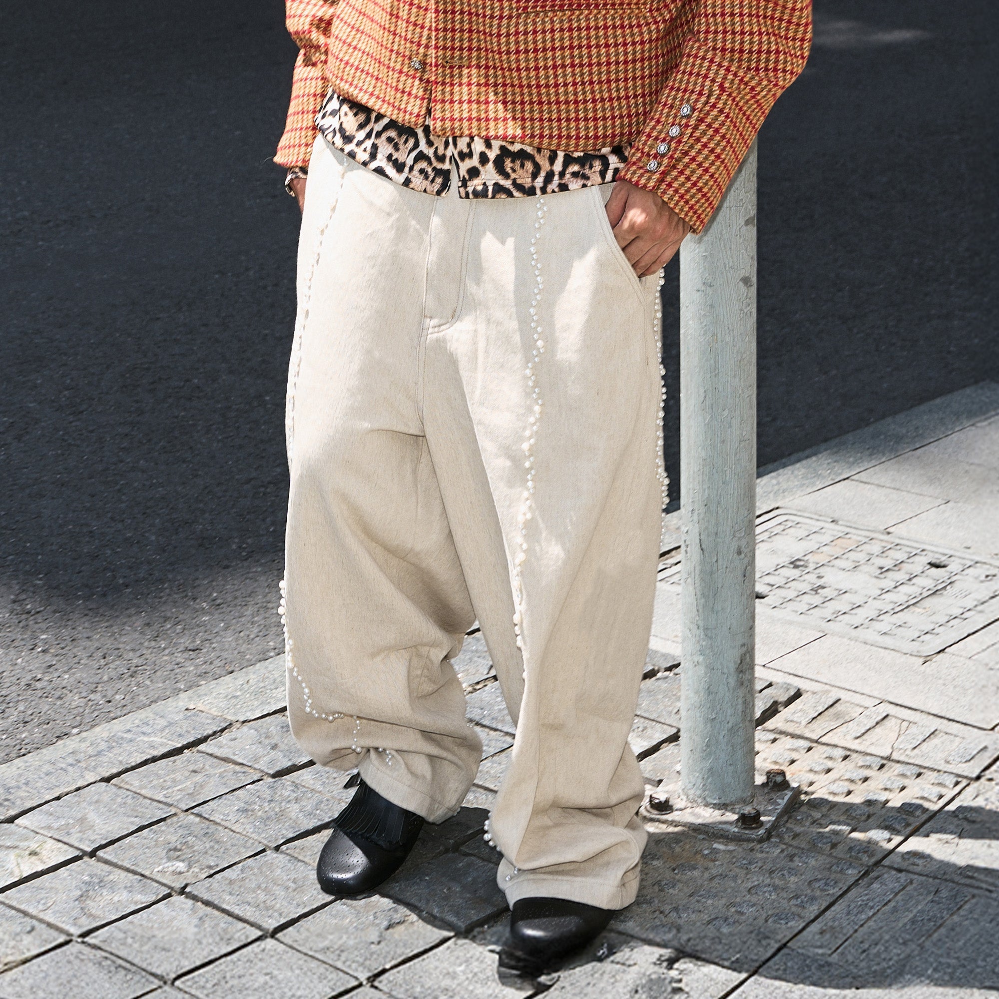 STEEPC Pearl Embellished Linen-Blend Wide-Leg Trousers-Pants-S-Free Shipping Leatheretro