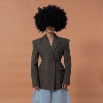 CLP Cinched-Waist Padded Shoulder Blazer Brown-Jacket-S (Preorder)-Free Shipping Leatheretro