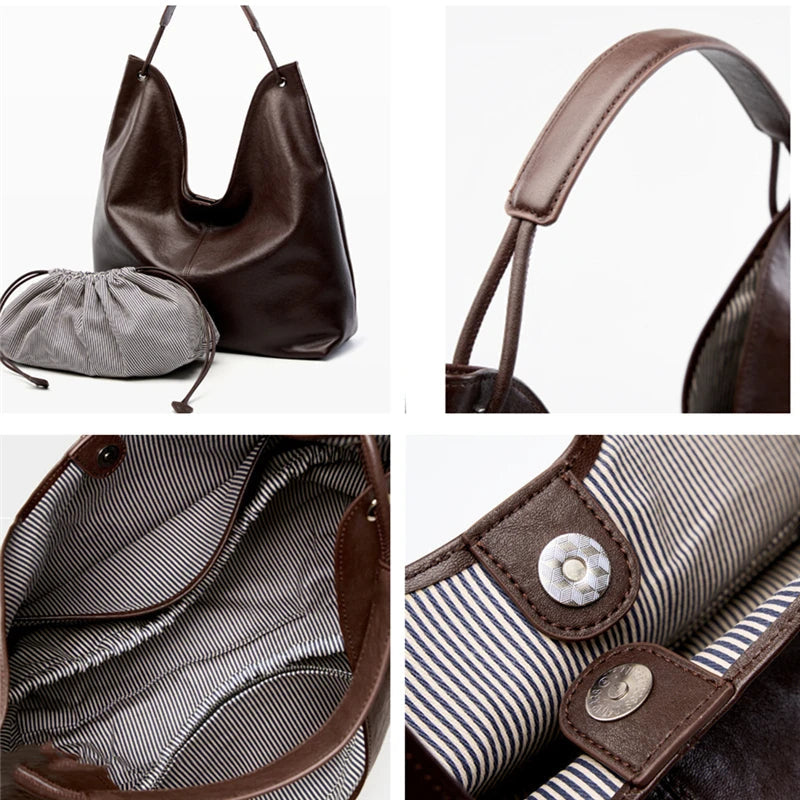 Cowhide Genuine Leather Hobo Shoulder Bag - Ladies Luxury Handbags-Shoulder Bag-Black-Free Shipping Leatheretro